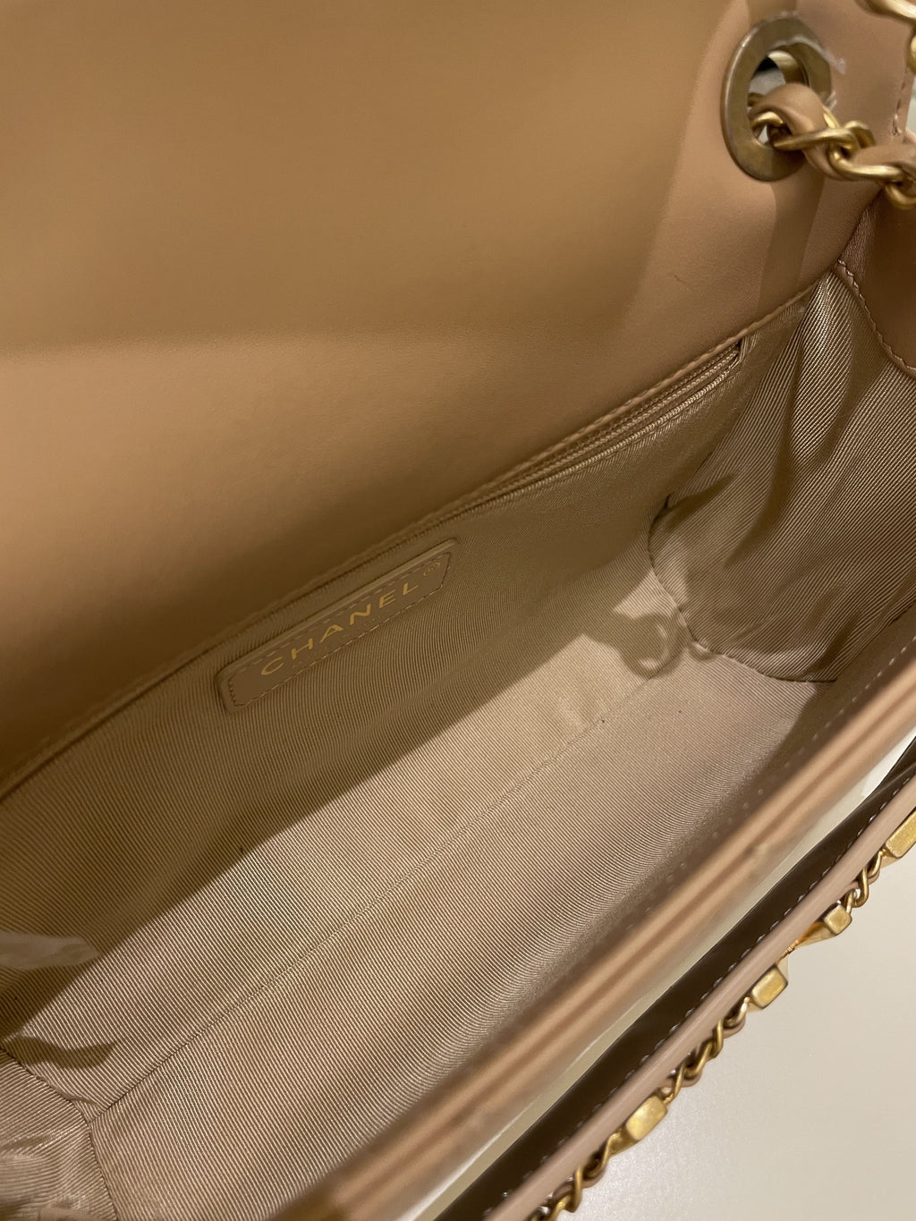 Chanel C H A N E L Lettering Flap Dark Beige Calfskin