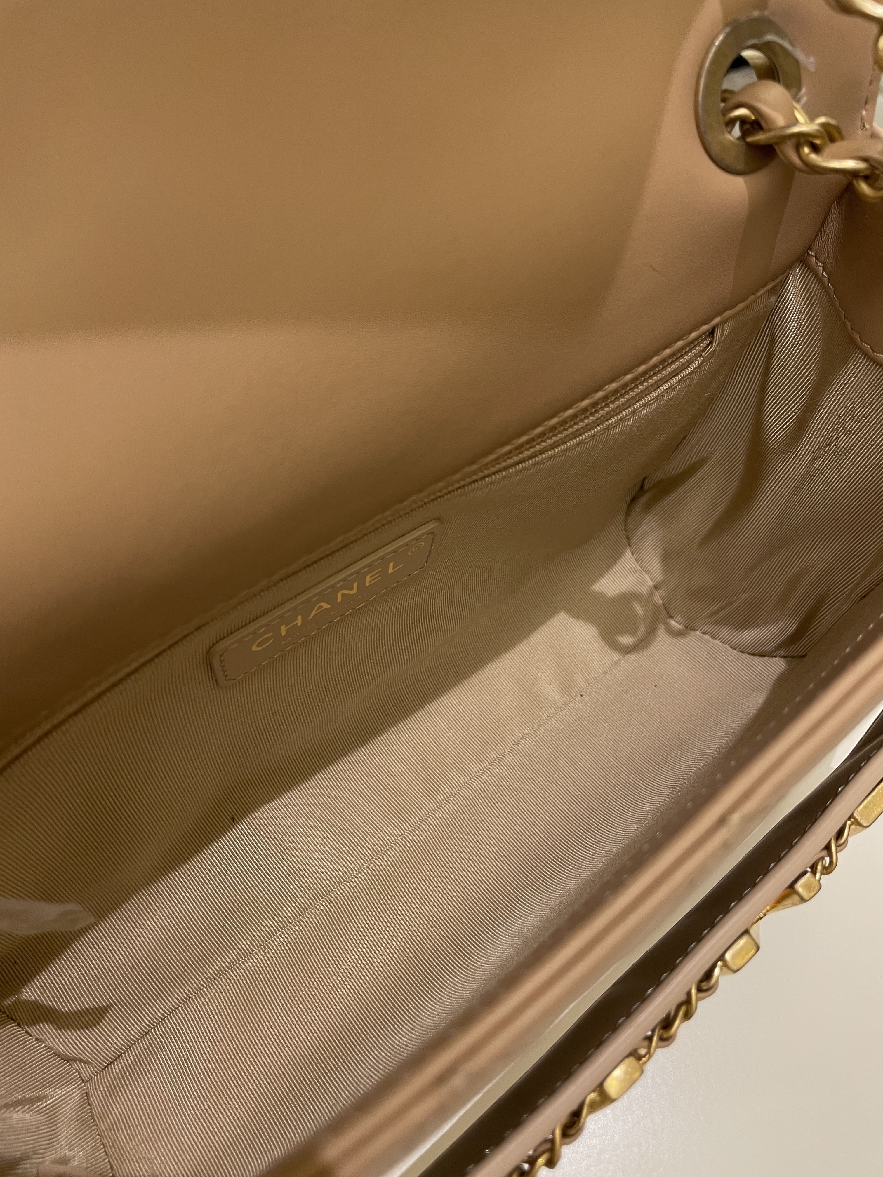 Chanel C H A N E L Lettering Flap Dark Beige Calfskin