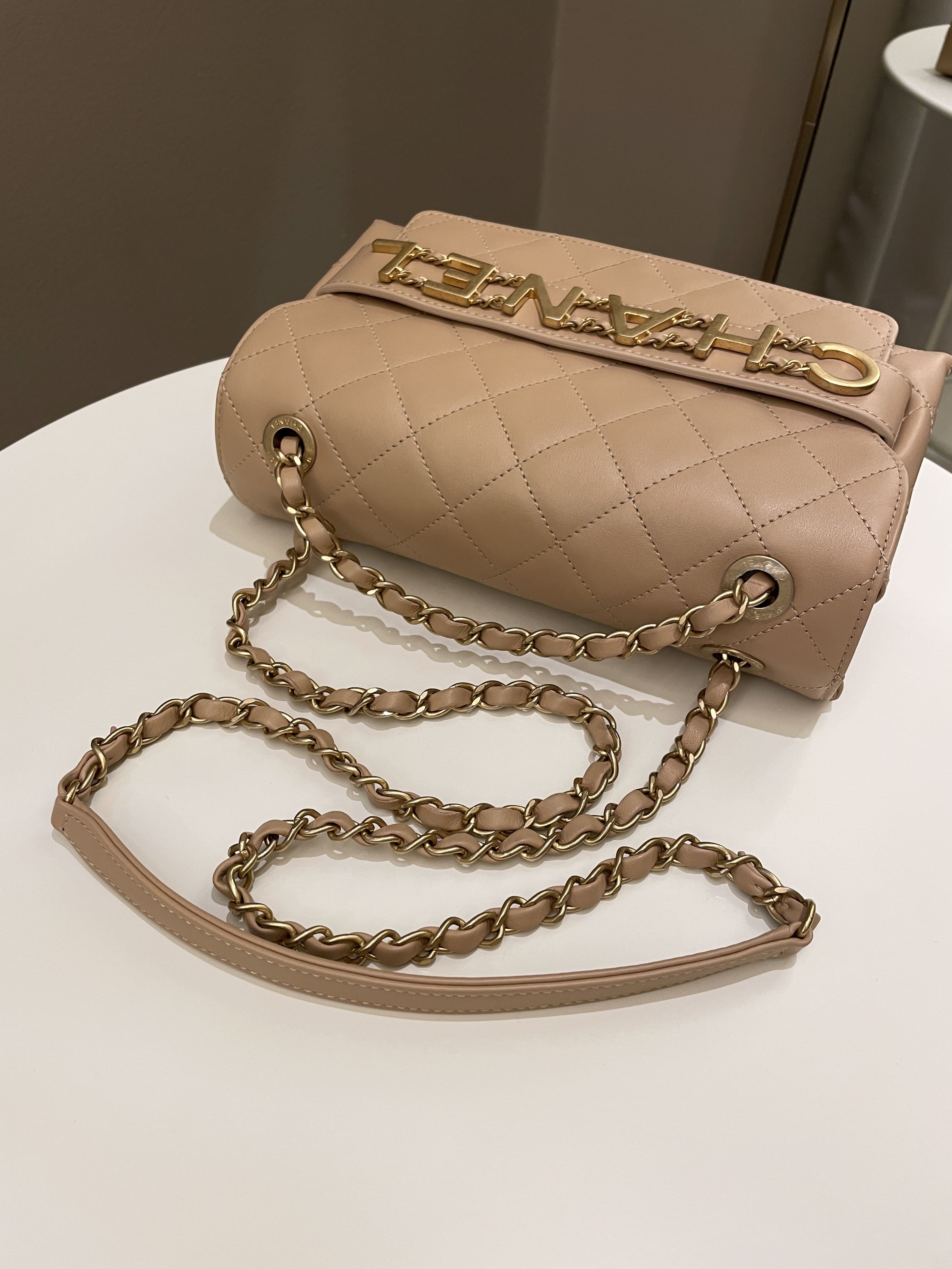 Chanel C H A N E L Lettering Flap Dark Beige Calfskin