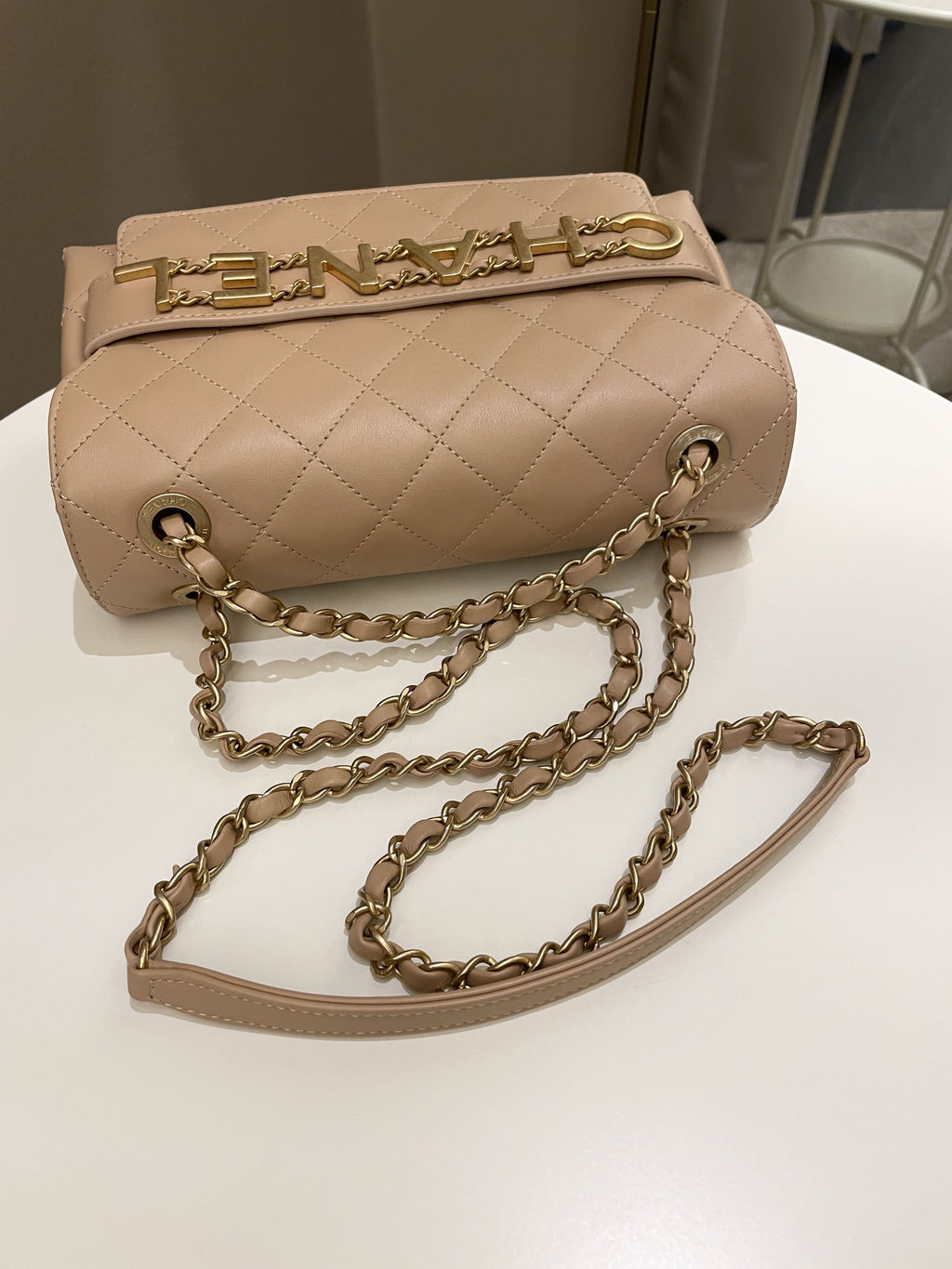 Chanel C H A N E L Lettering Flap Dark Beige Calfskin