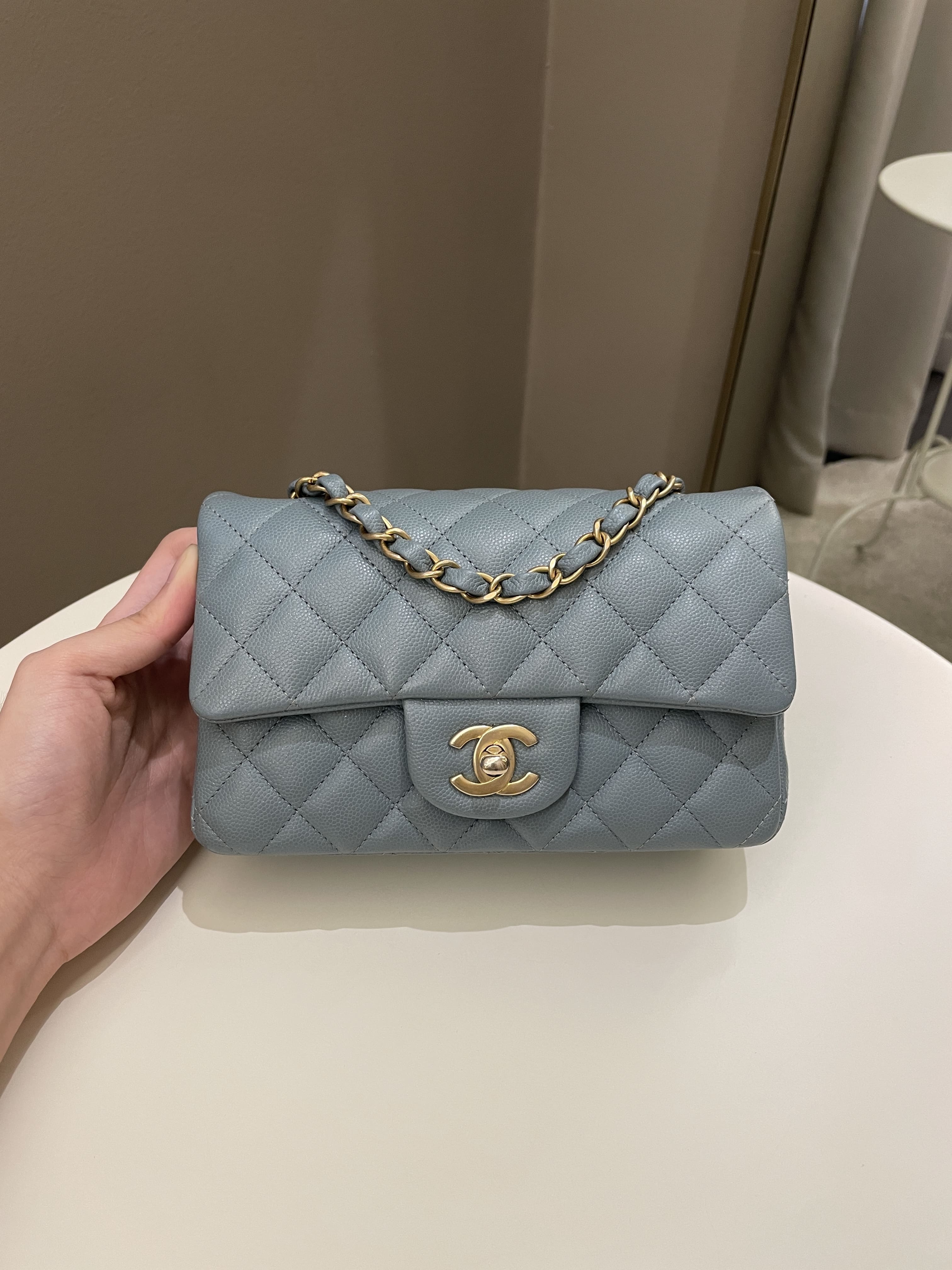 Chanel 18C Quilted Mini Rectangular Ash Blue Green Iridescent Caviar