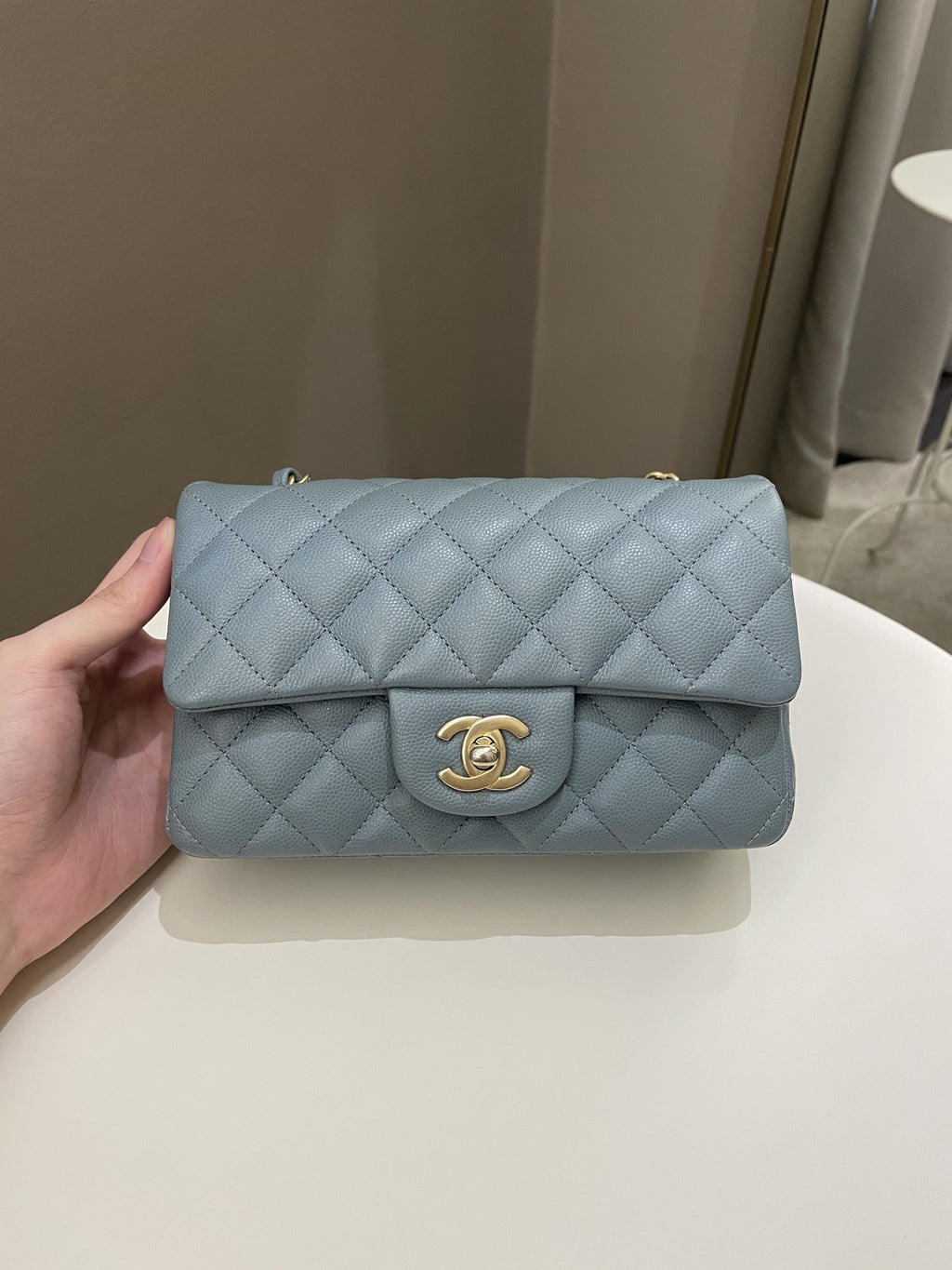 Chanel 18C Quilted Mini Rectangular Ash Blue Green Iridescent Caviar