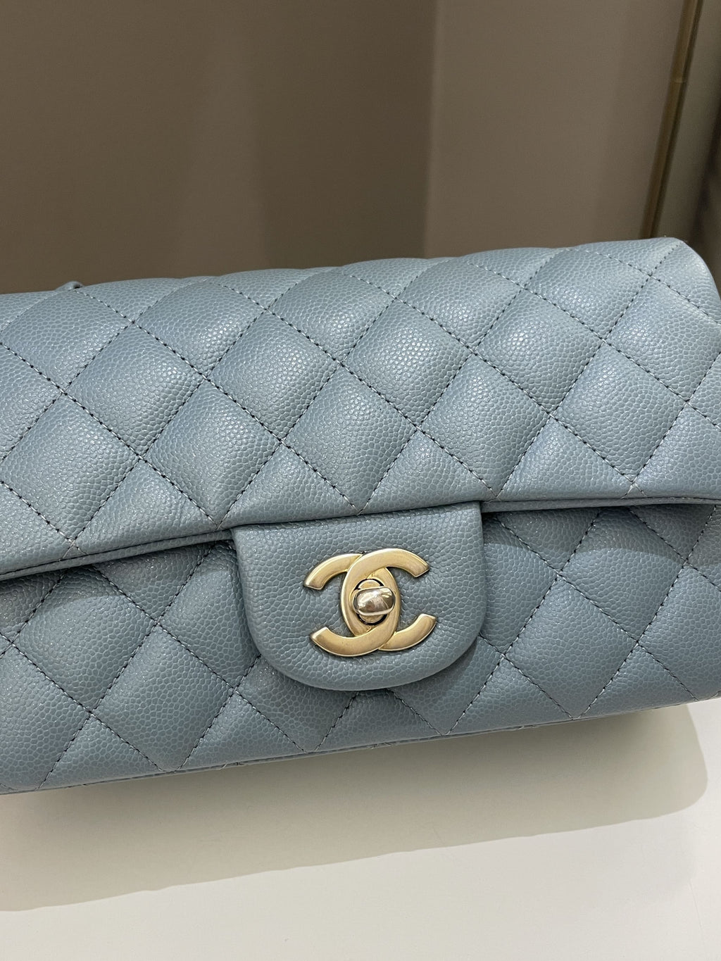 Chanel 18C Quilted Mini Rectangular Ash Blue Green Iridescent Caviar