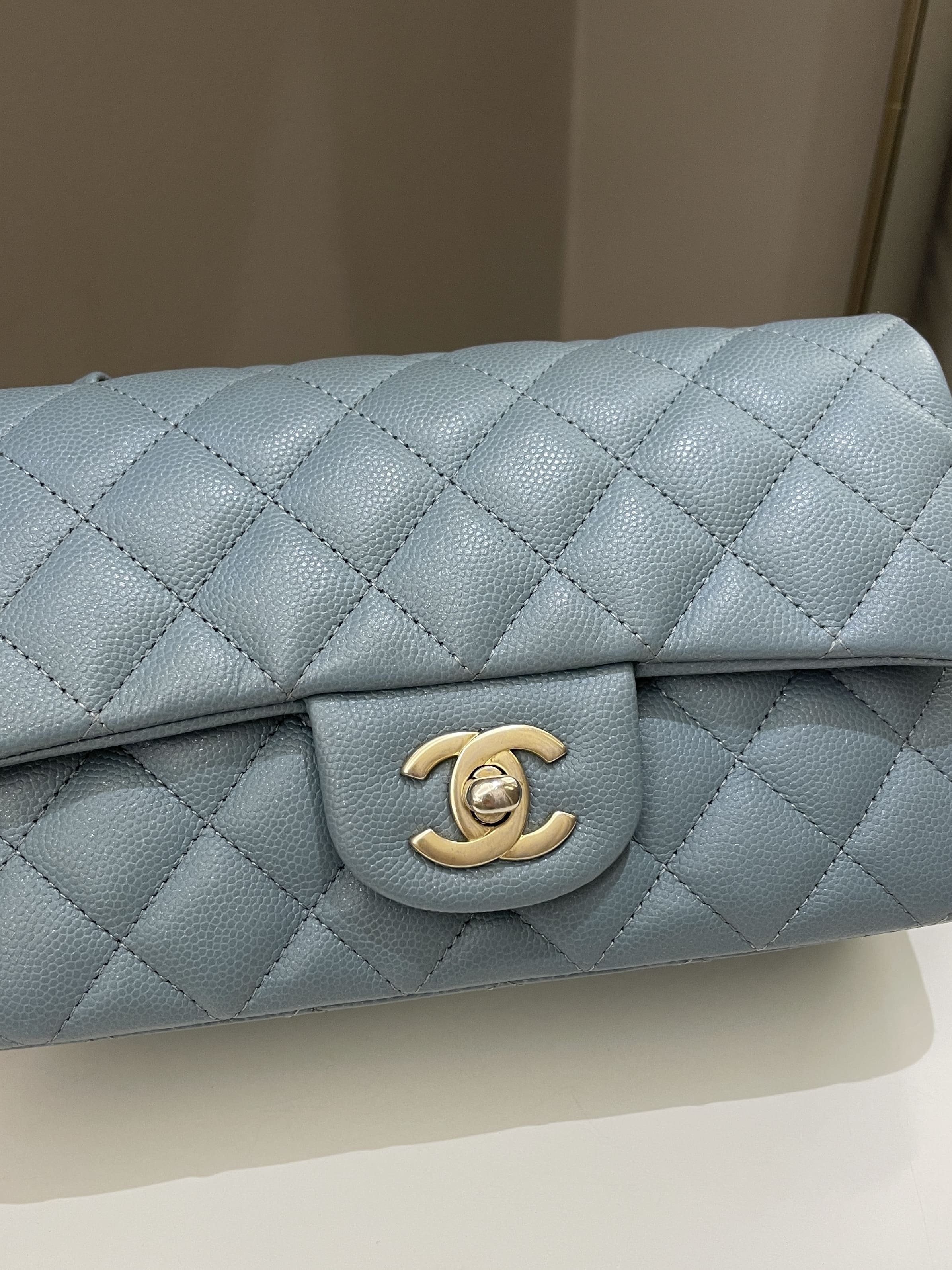 Chanel 18C Quilted Mini Rectangular Ash Blue Green Iridescent Caviar