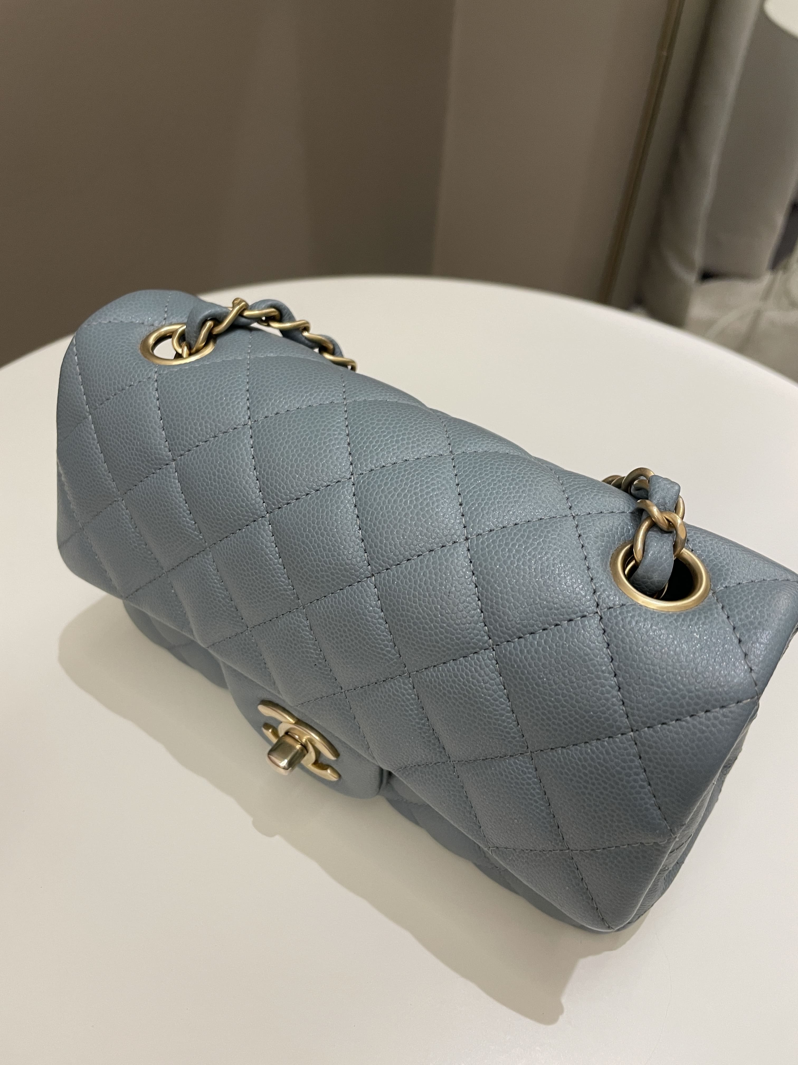 Chanel 18C Quilted Mini Rectangular Ash Blue Green Iridescent Caviar