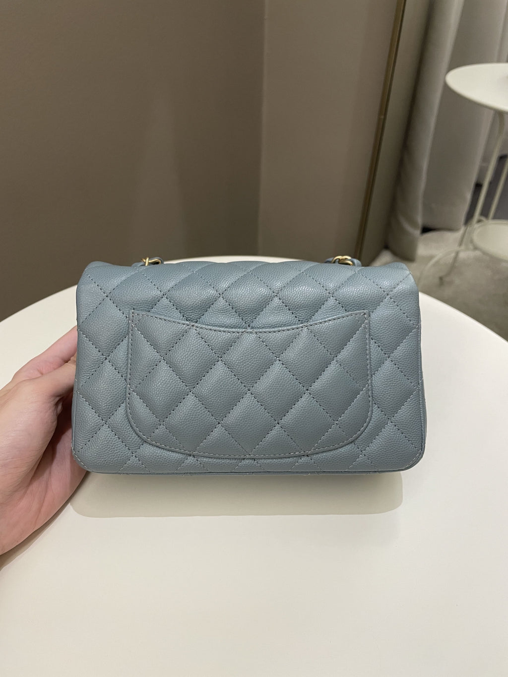 Chanel 18C Quilted Mini Rectangular Ash Blue Green Iridescent Caviar