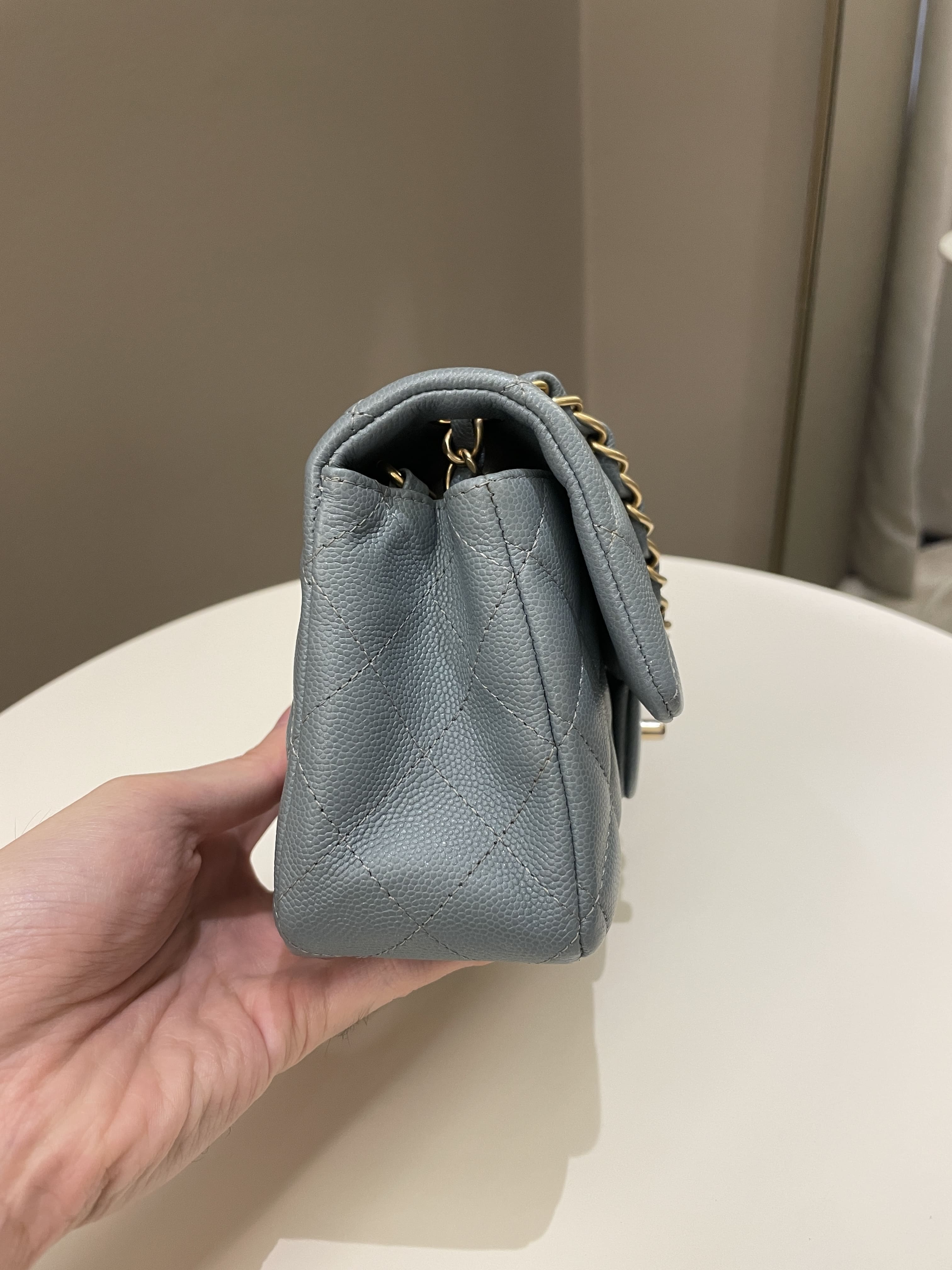 Chanel 18C Quilted Mini Rectangular Ash Blue Green Iridescent Caviar