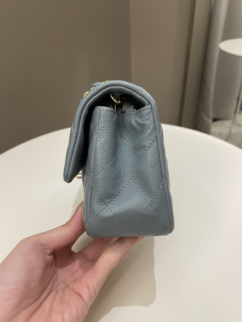 Chanel 18C Quilted Mini Rectangular Ash Blue Green Iridescent Caviar