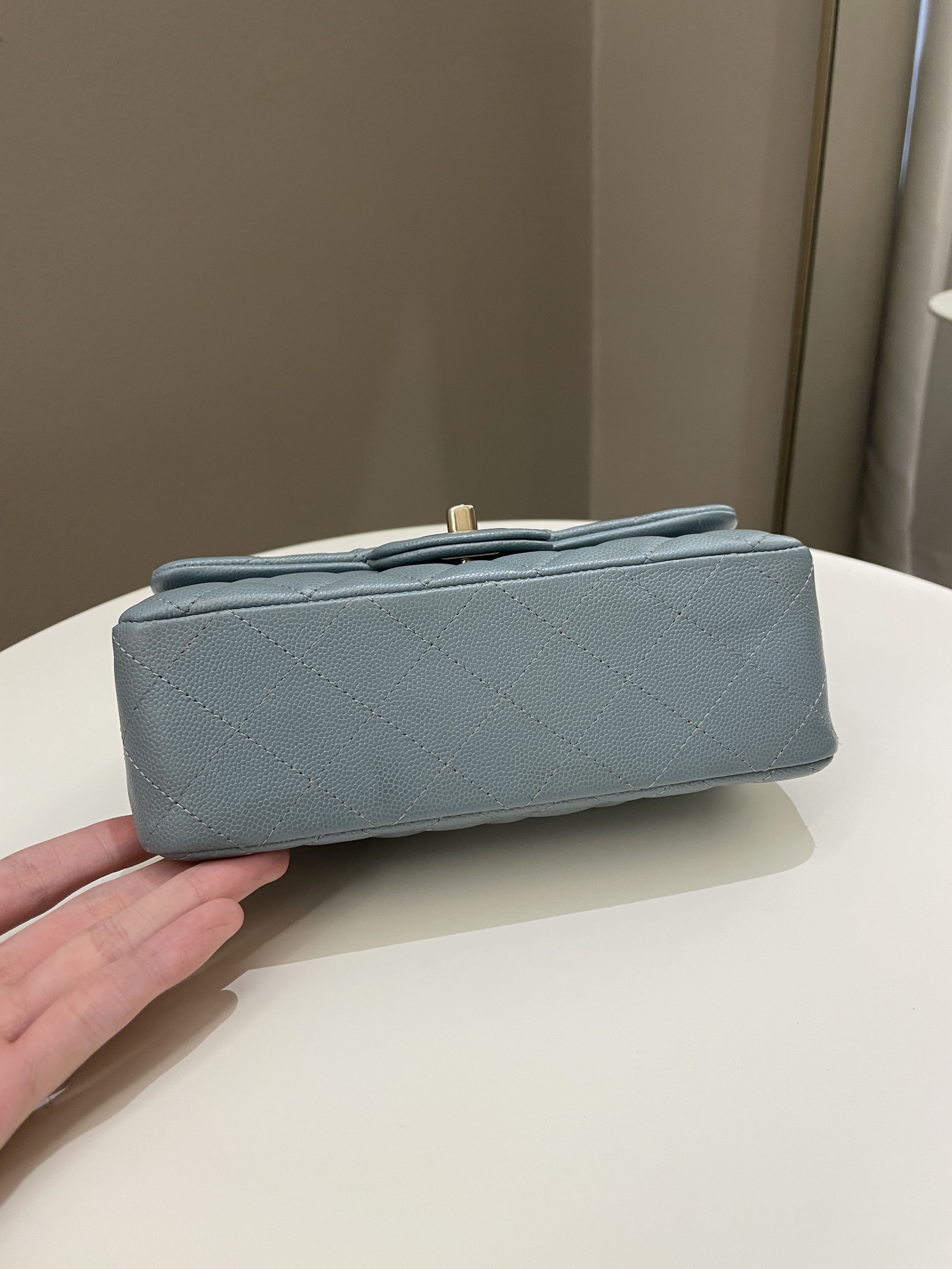Chanel 18C Quilted Mini Rectangular Ash Blue Green Iridescent Caviar