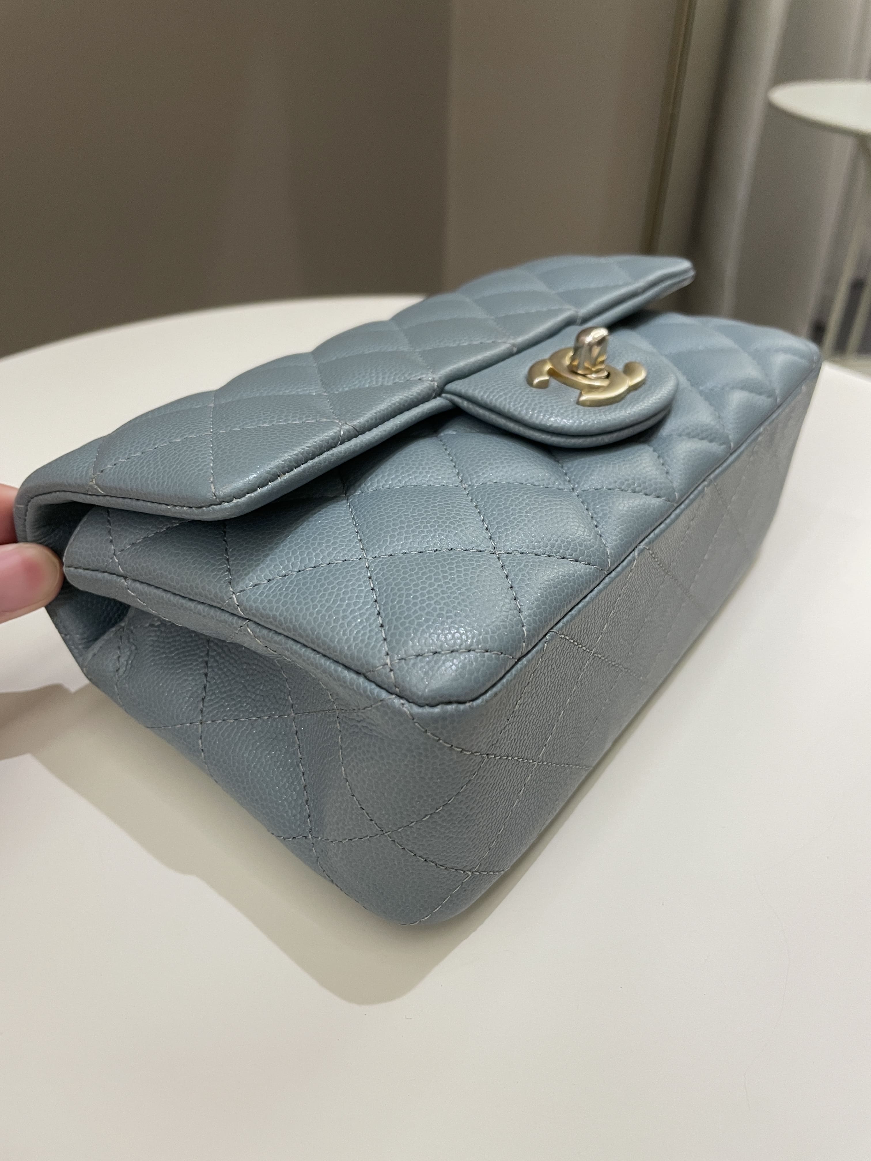 Chanel 18C Quilted Mini Rectangular Ash Blue Green Iridescent Caviar