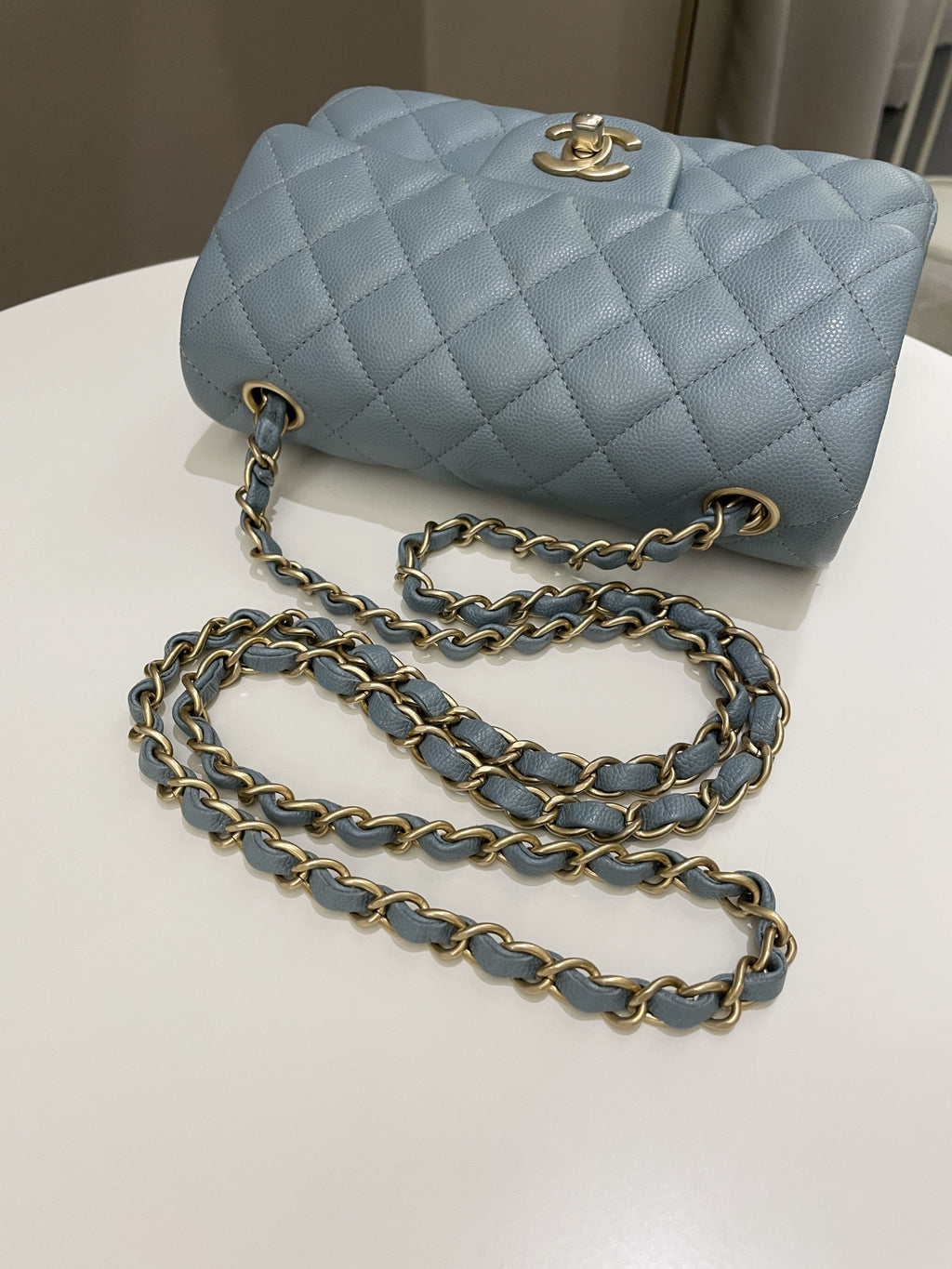 Chanel 18C Quilted Mini Rectangular Ash Blue Green Iridescent Caviar
