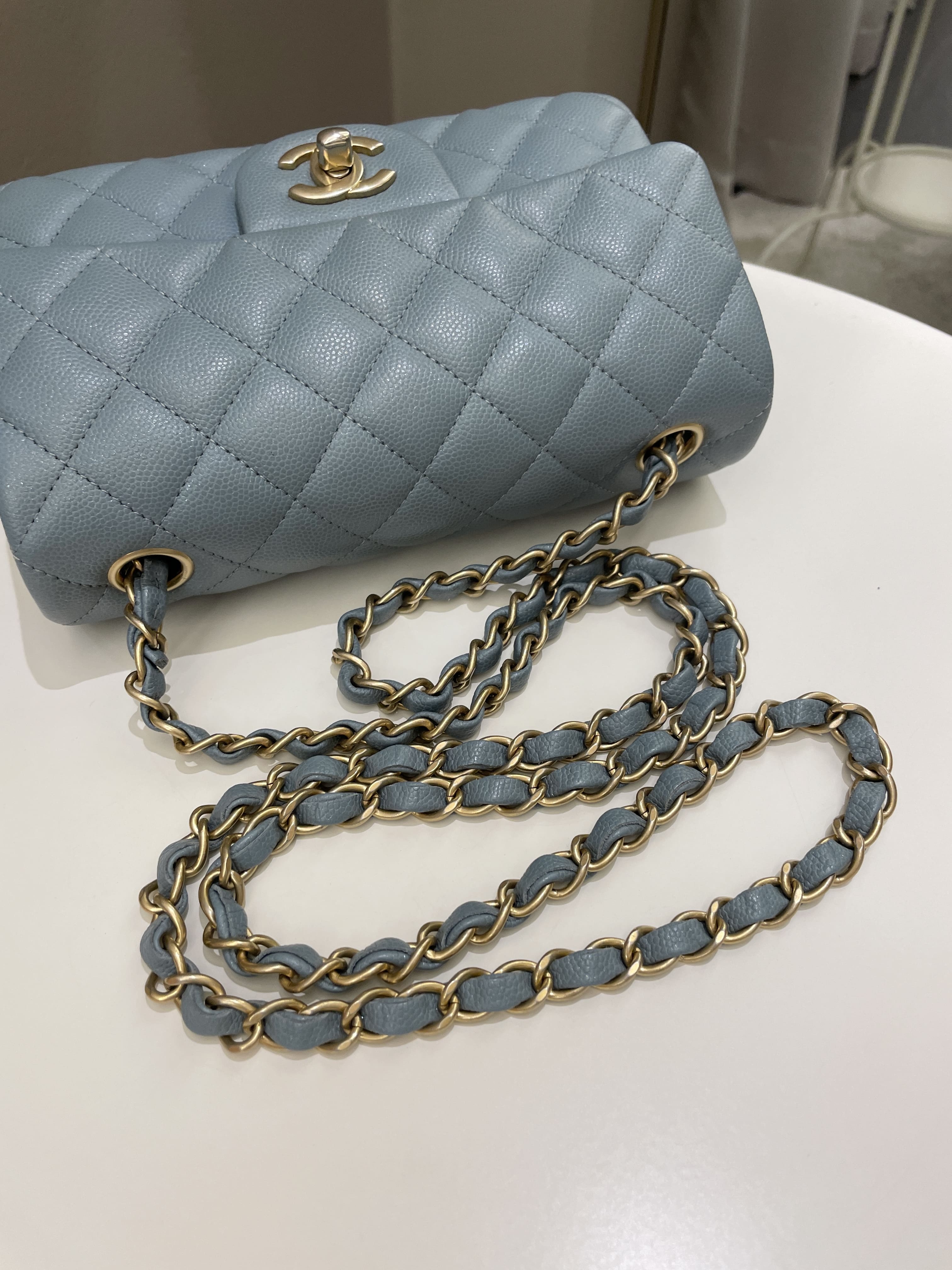Chanel 18C Quilted Mini Rectangular Ash Blue Green Iridescent Caviar