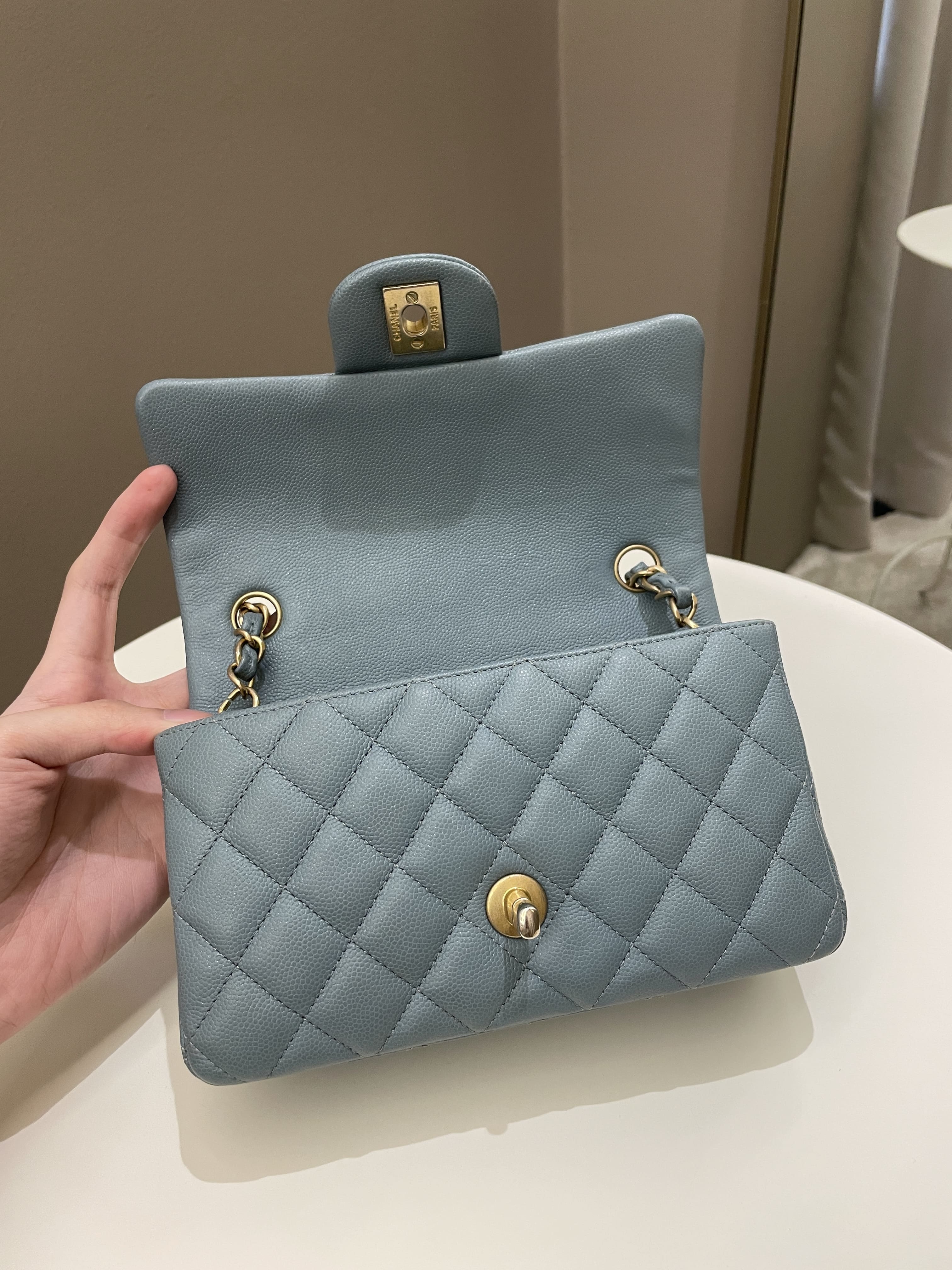Chanel 18C Quilted Mini Rectangular Ash Blue Green Iridescent Caviar
