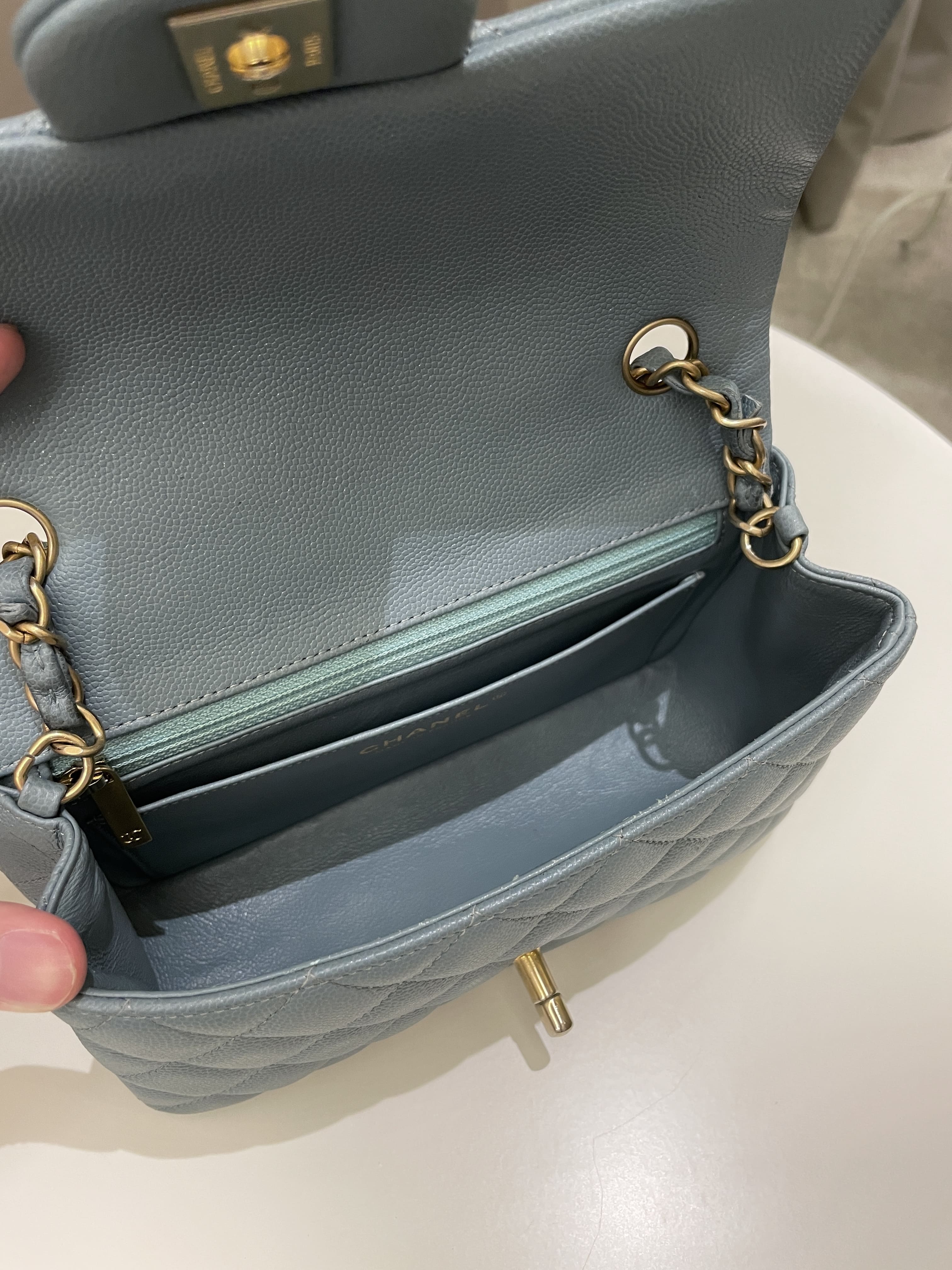 Chanel 18C Quilted Mini Rectangular Ash Blue Green Iridescent Caviar