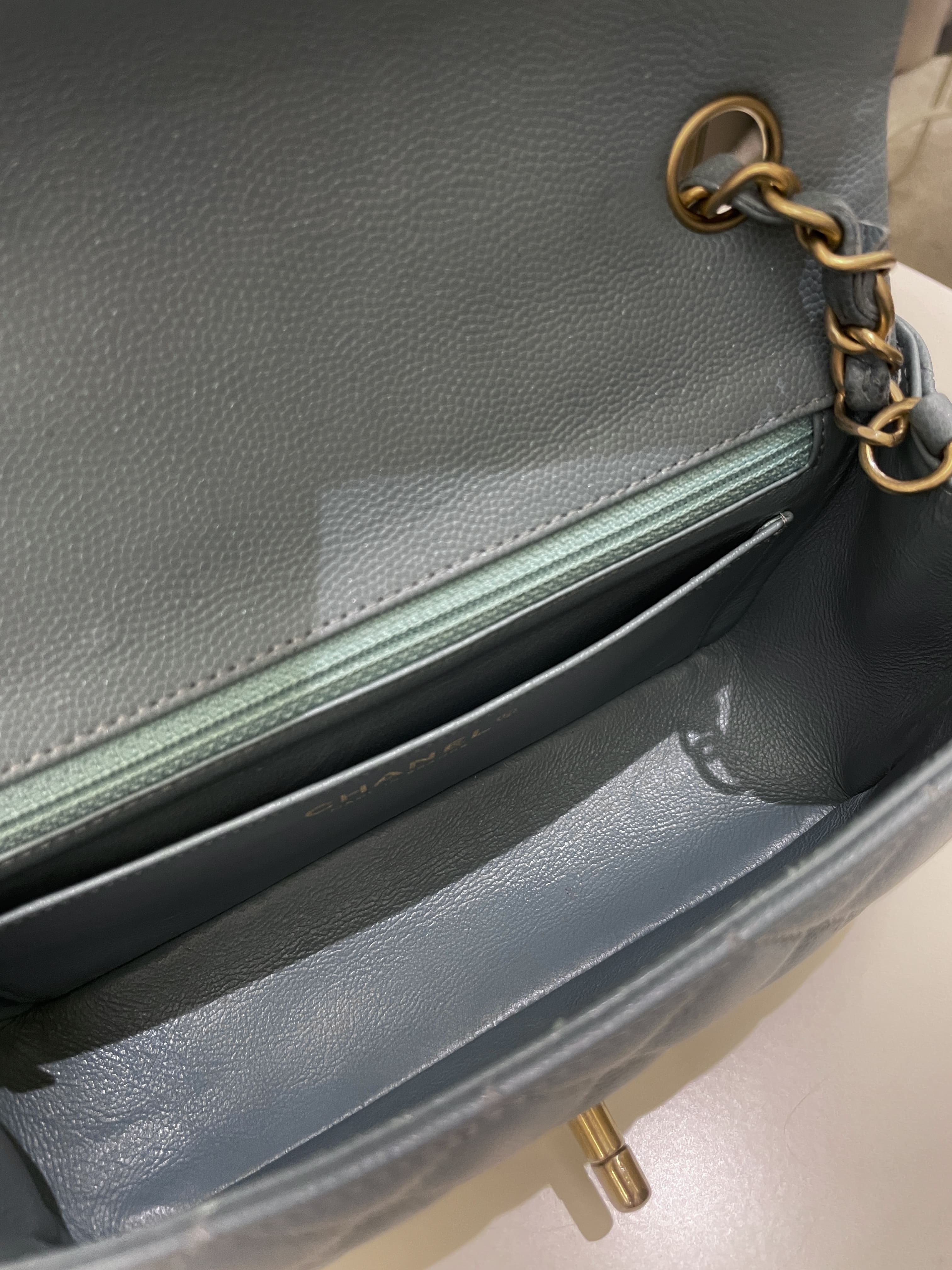 Chanel 18C Quilted Mini Rectangular Ash Blue Green Iridescent Caviar