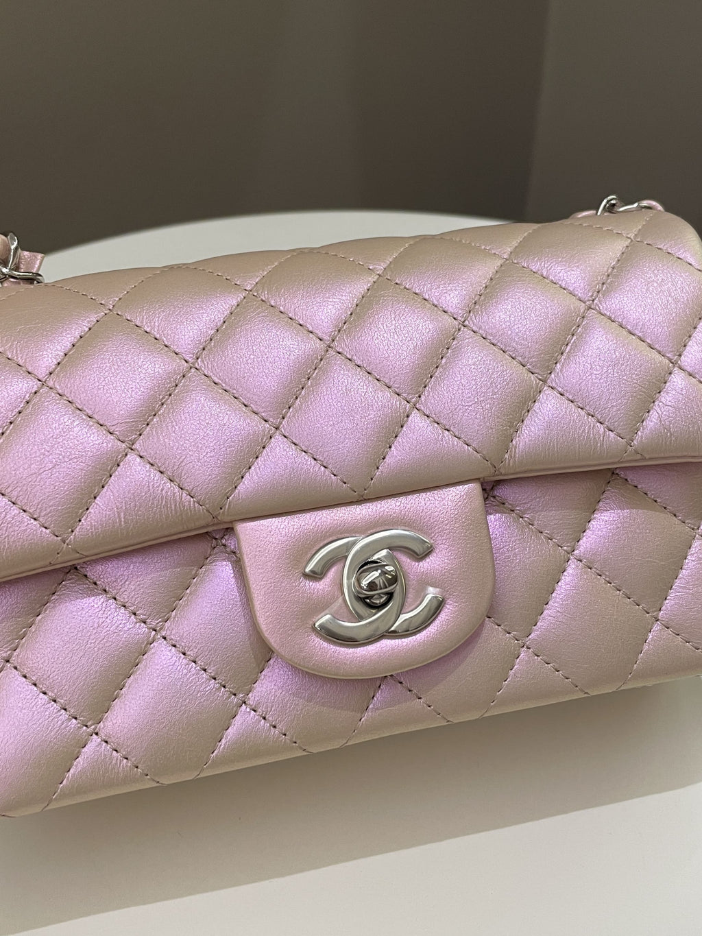Chanel 21K Quilted Mini Rectangular Iridescent Pink Calfskin