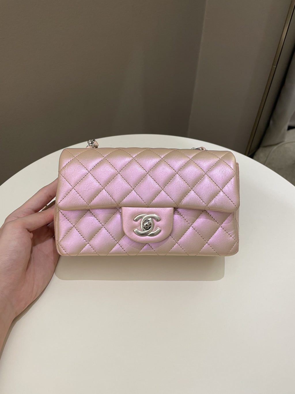 Chanel 21K Quilted Mini Rectangular Iridescent Pink Calfskin