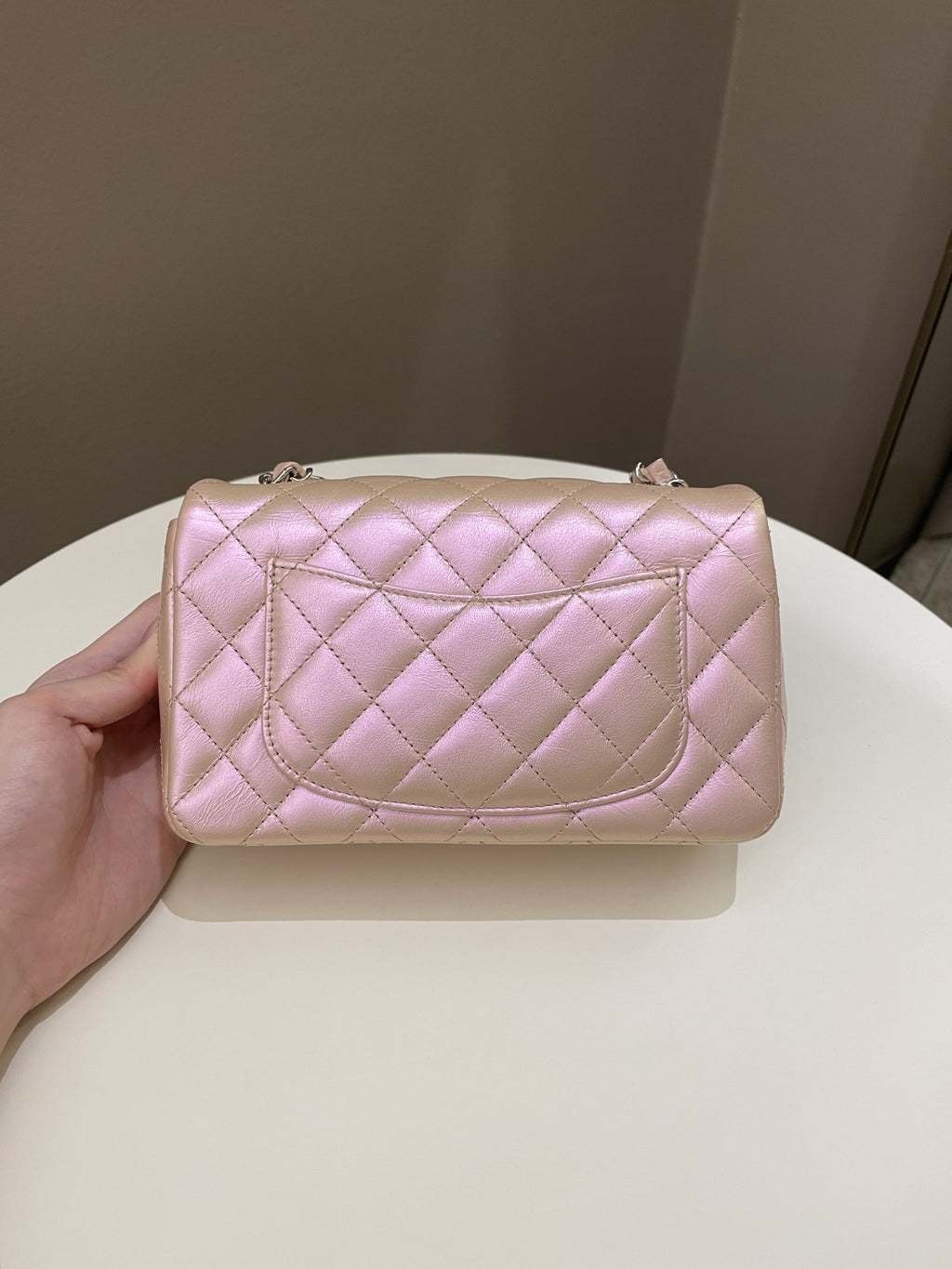 Chanel 21K Quilted Mini Rectangular Iridescent Pink Calfskin