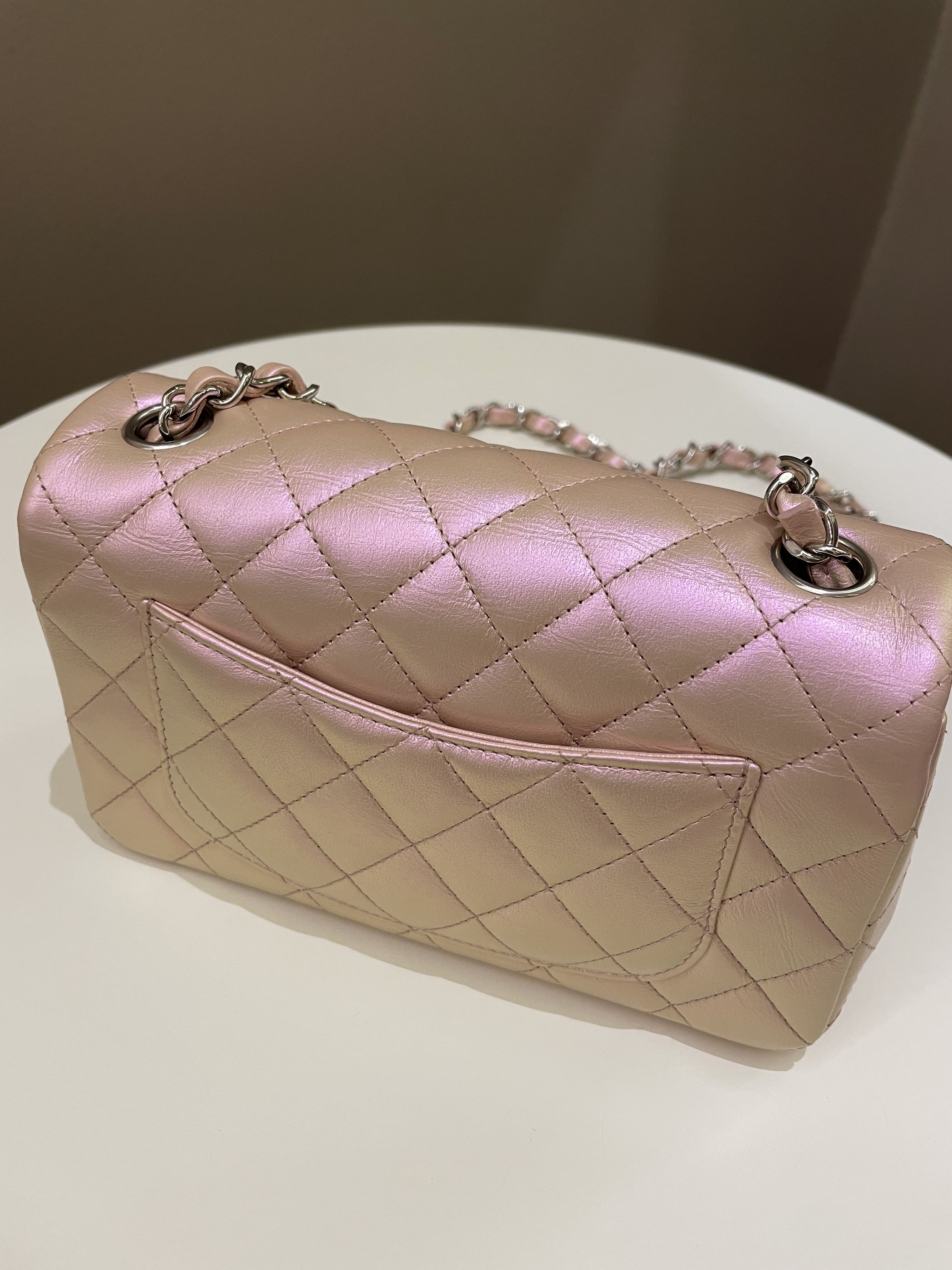 Chanel 21K Quilted Mini Rectangular Iridescent Pink Calfskin