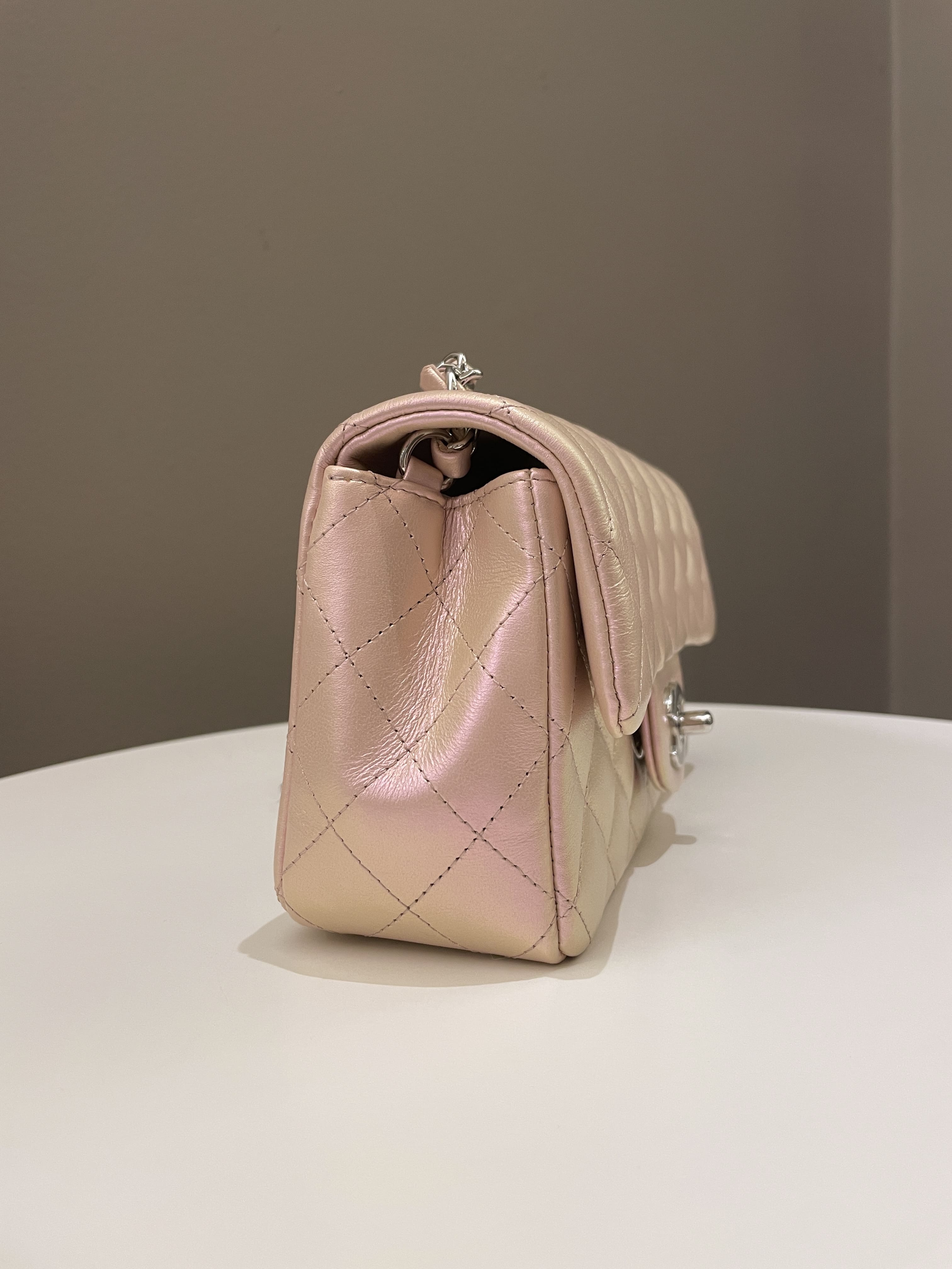 Chanel 21K Quilted Mini Rectangular Iridescent Pink Calfskin