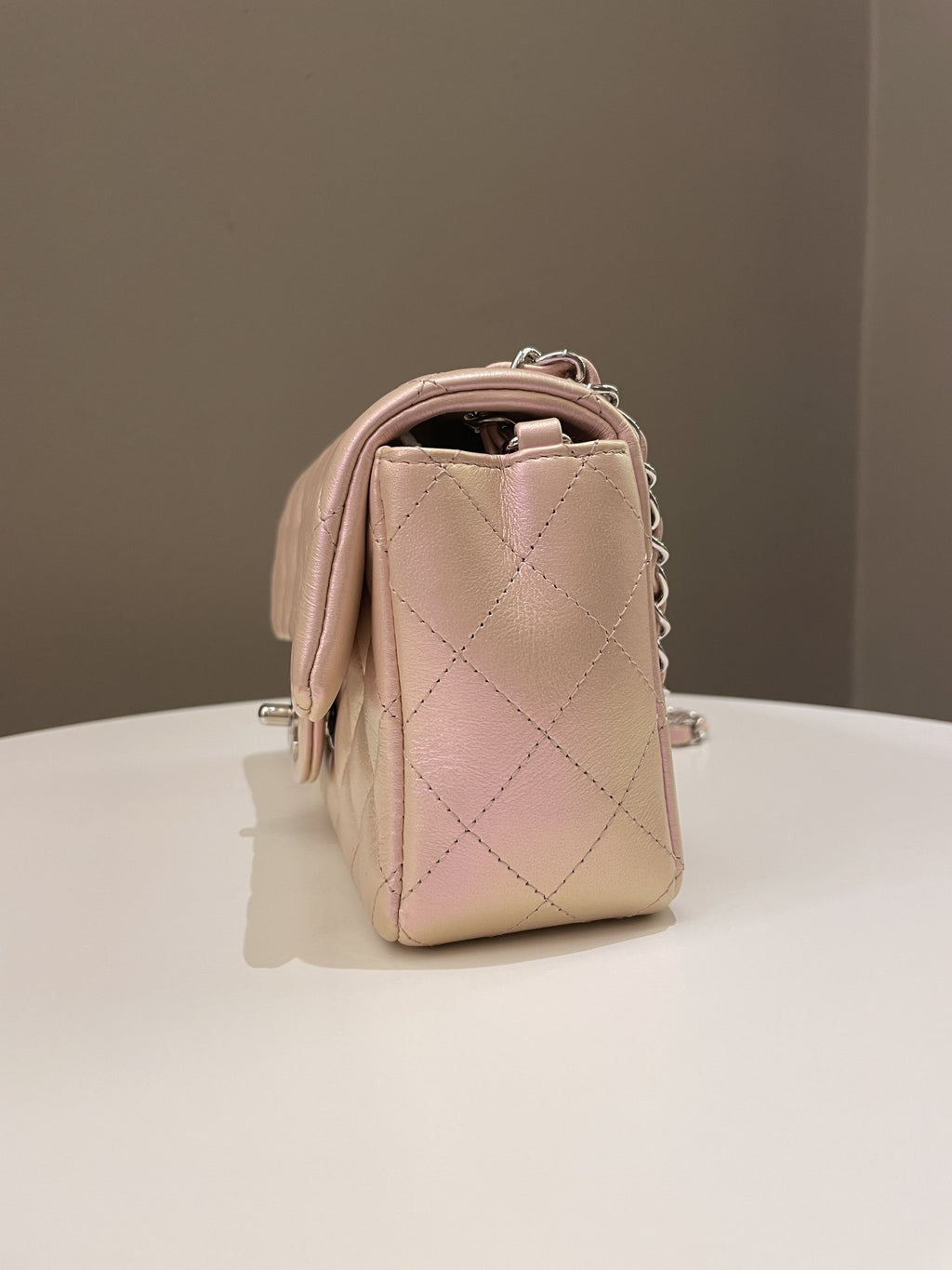 Chanel 21K Quilted Mini Rectangular Iridescent Pink Calfskin