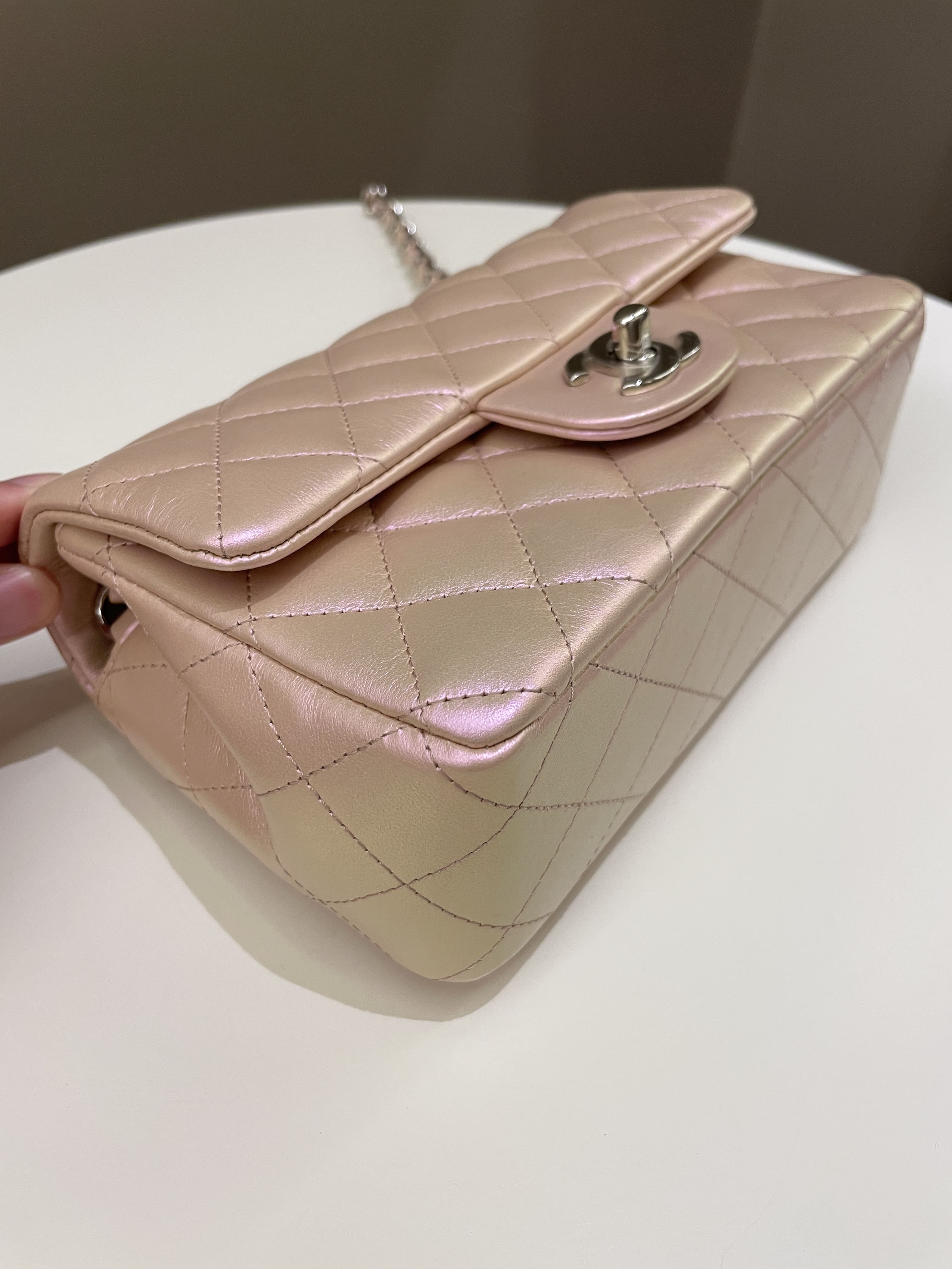 Chanel 21K Quilted Mini Rectangular Iridescent Pink Calfskin