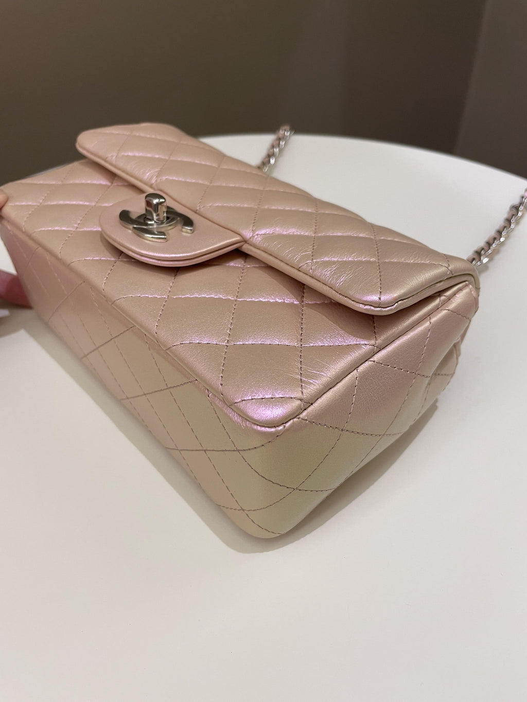 Chanel 21K Quilted Mini Rectangular Iridescent Pink Calfskin