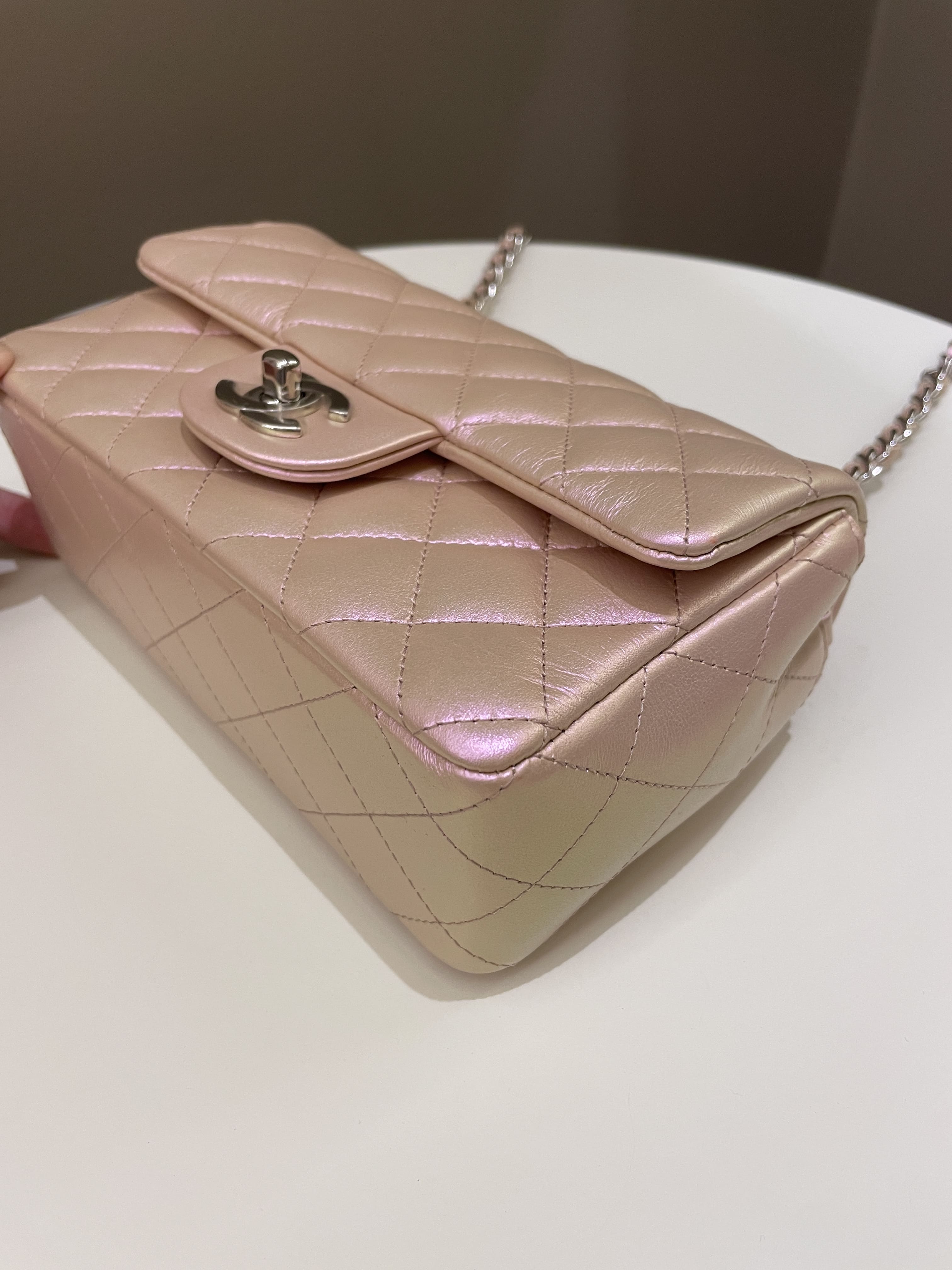 Chanel 21K Quilted Mini Rectangular Iridescent Pink Calfskin