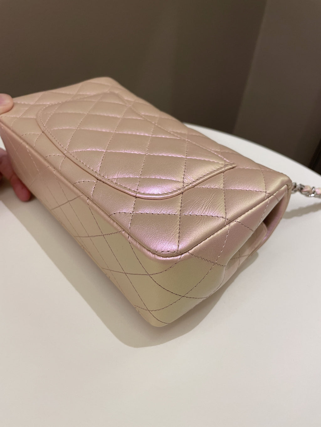 Chanel 21K Quilted Mini Rectangular Iridescent Pink Calfskin