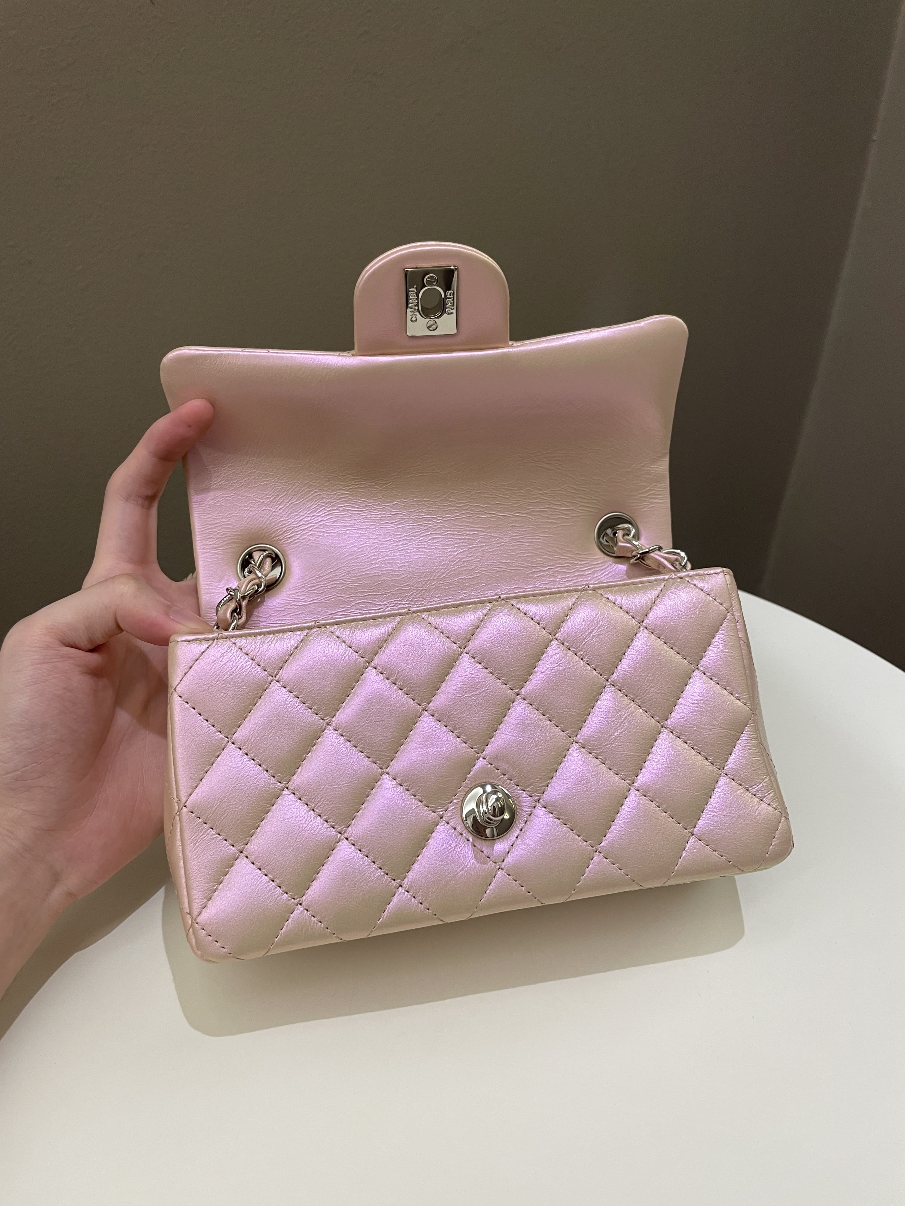 Chanel 21K Quilted Mini Rectangular Iridescent Pink Calfskin