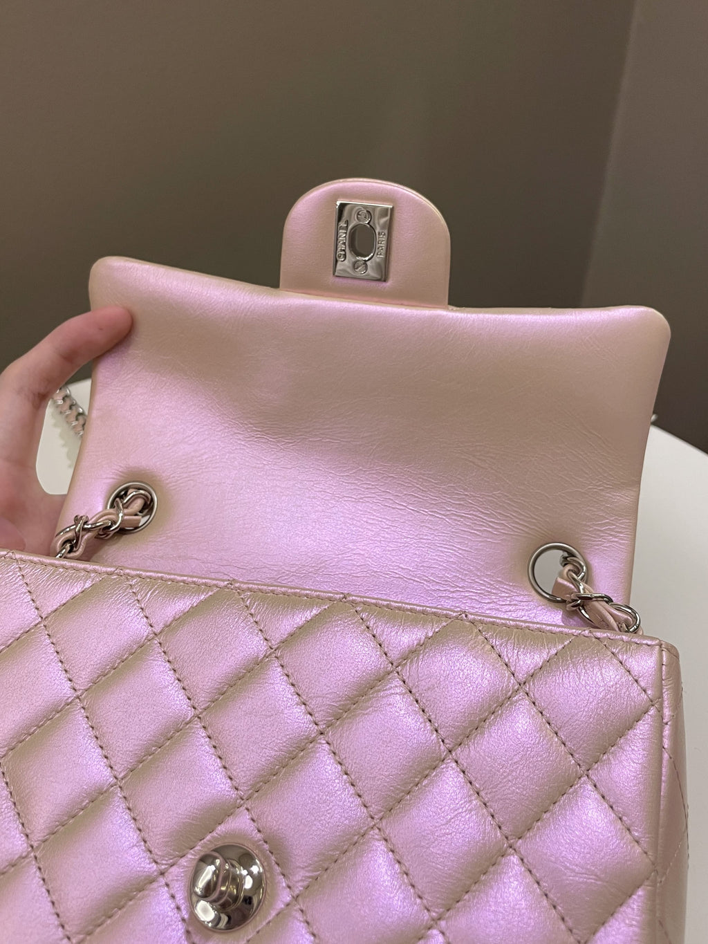 Chanel 21K Quilted Mini Rectangular Iridescent Pink Calfskin
