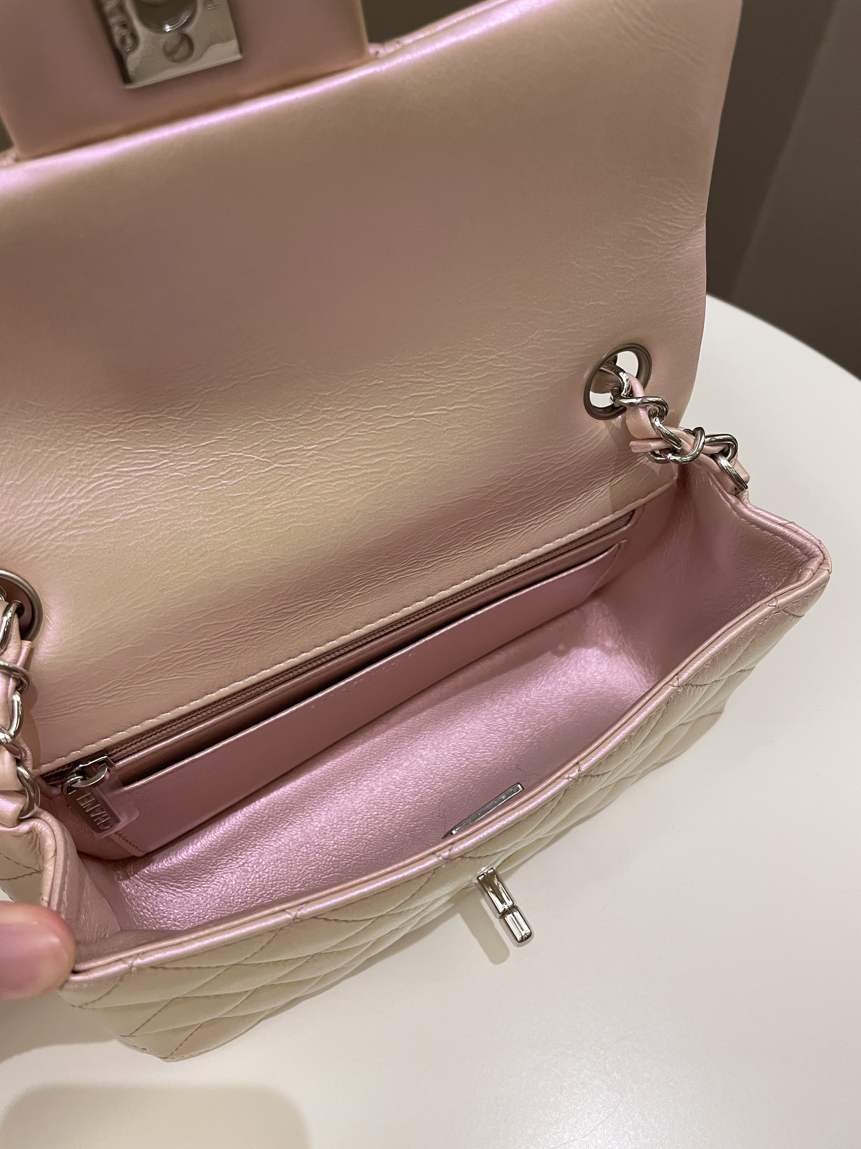 Chanel 21K Quilted Mini Rectangular Iridescent Pink Calfskin