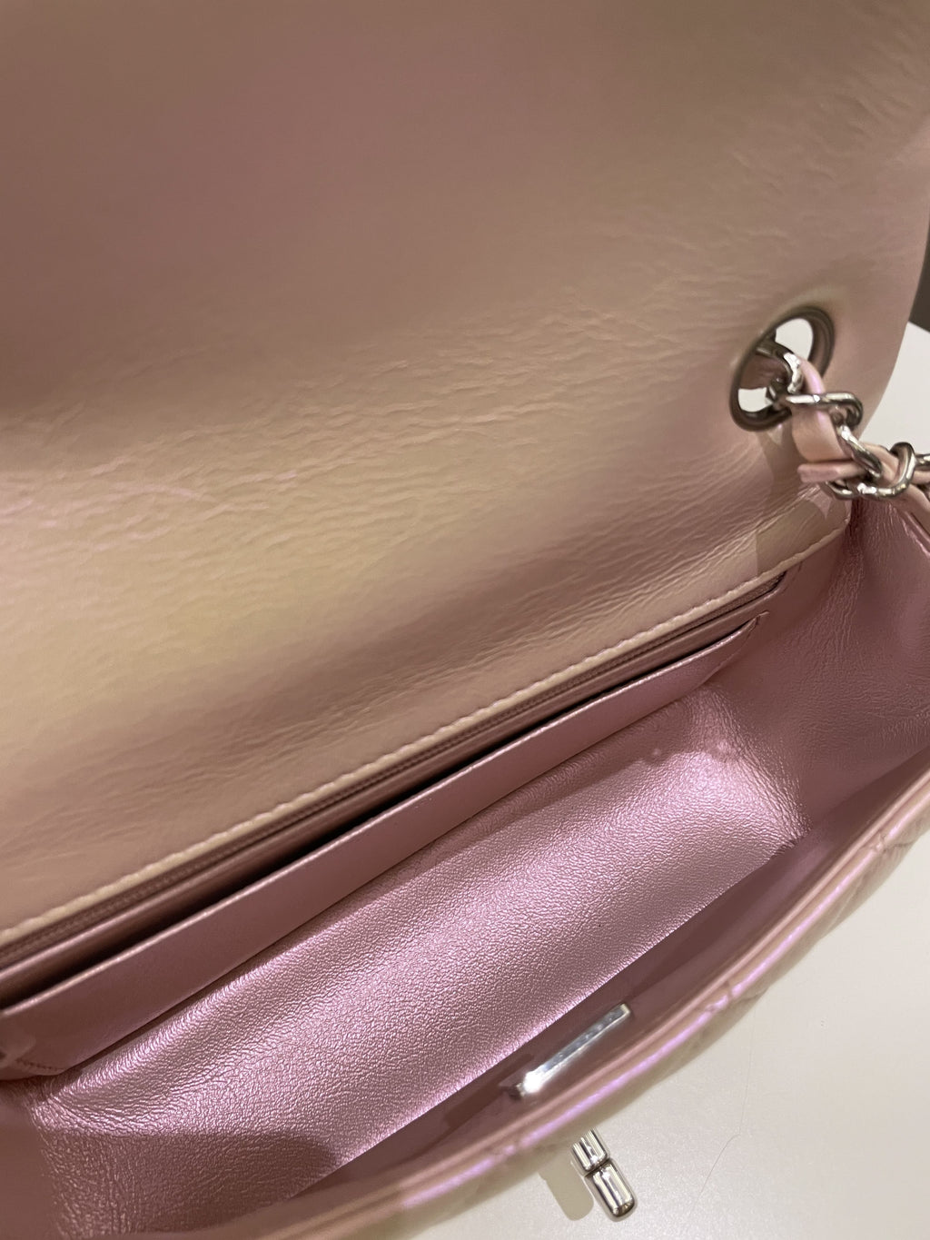 Chanel 21K Quilted Mini Rectangular Iridescent Pink Calfskin