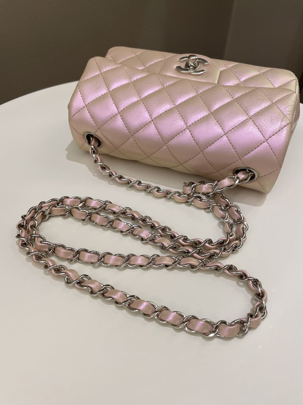 Chanel 21K Quilted Mini Rectangular Iridescent Pink Calfskin