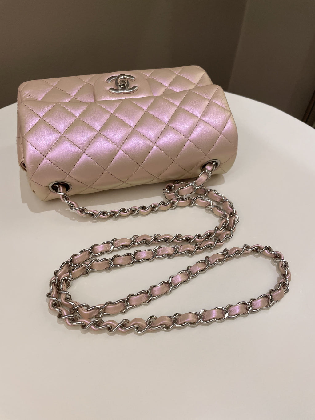 Chanel 21K Quilted Mini Rectangular Iridescent Pink Calfskin