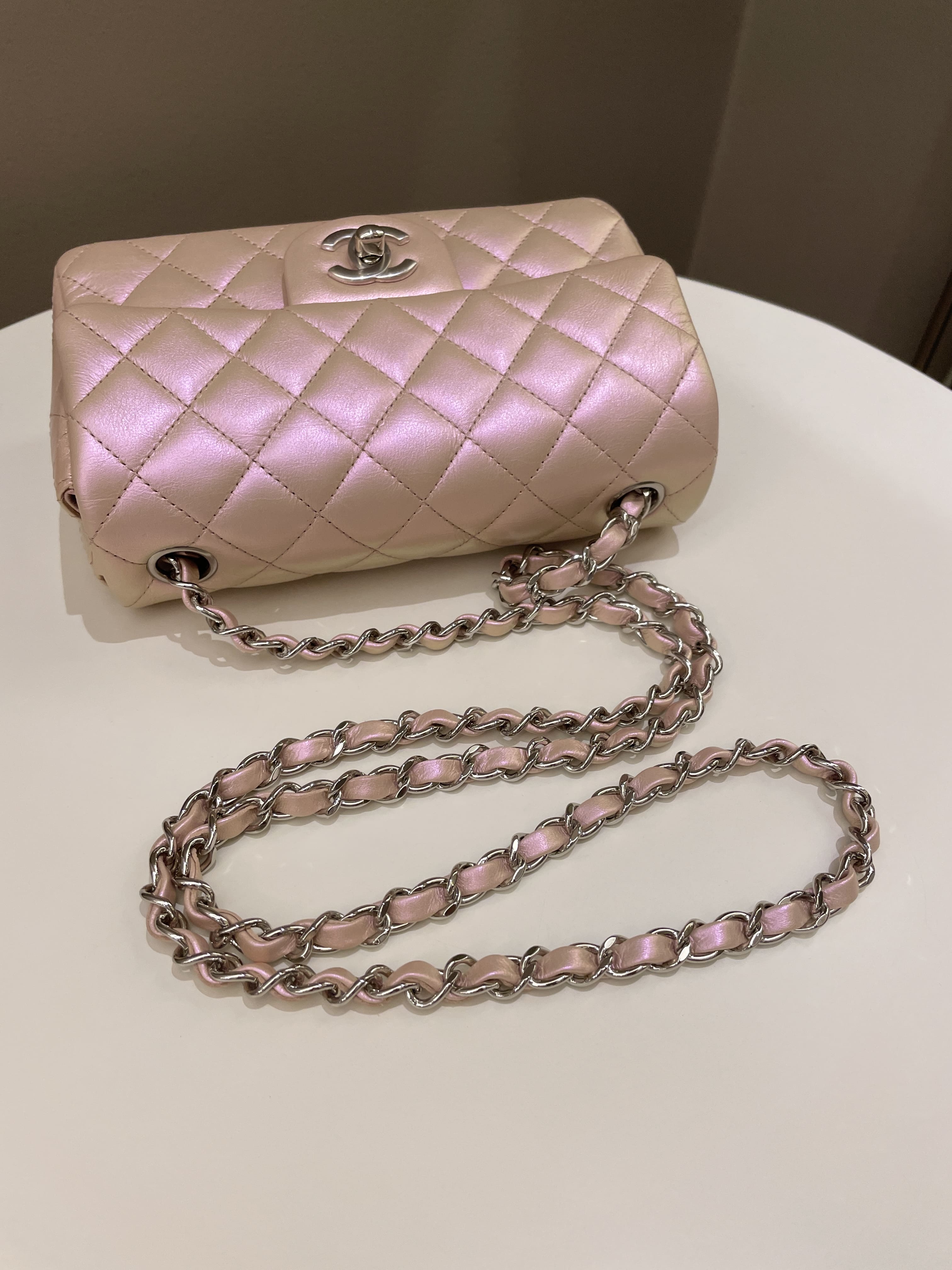 Chanel 21K Quilted Mini Rectangular Iridescent Pink Calfskin