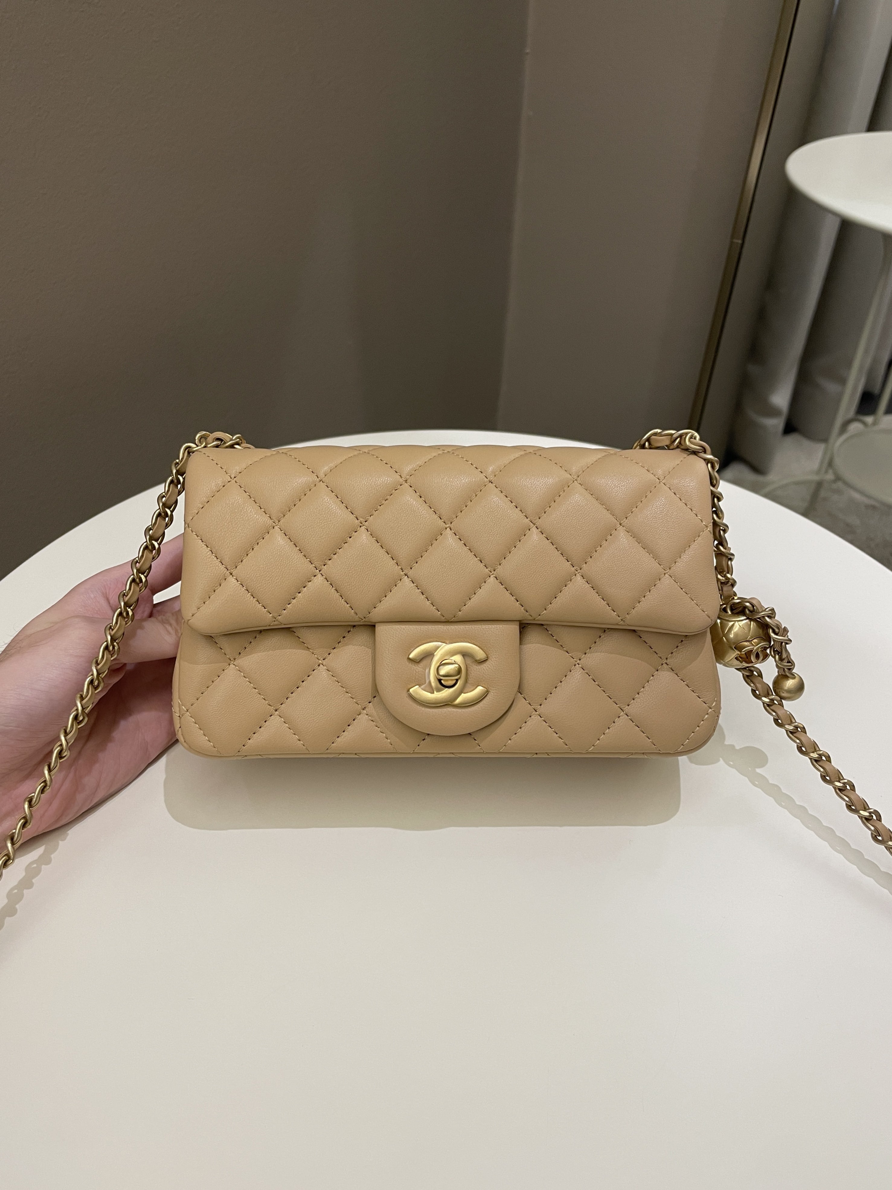 Chanel Pearl Crush Quilted Mini Rectangular Beige Lambskin