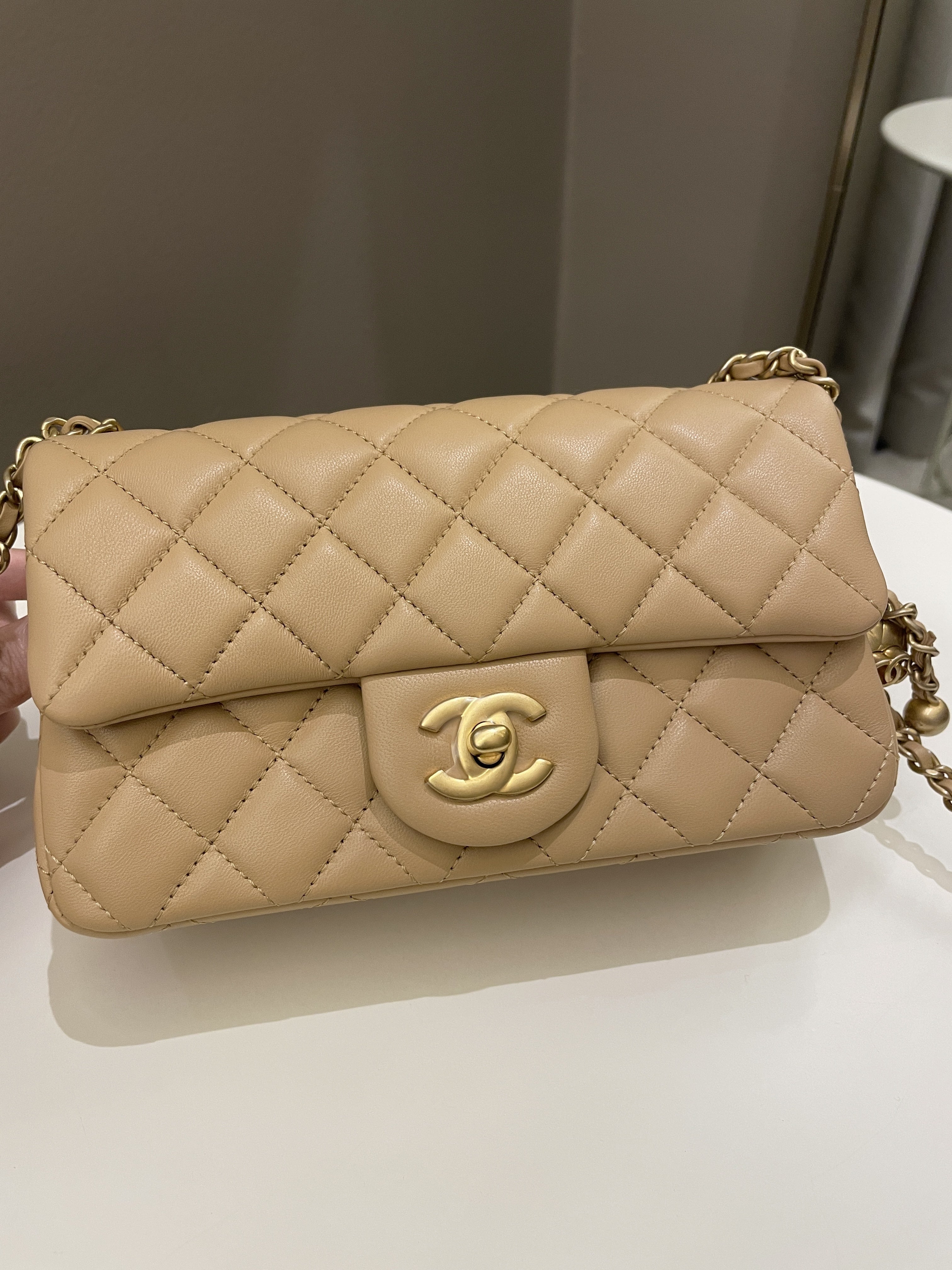Chanel Pearl Crush Quilted Mini Rectangular Beige Lambskin