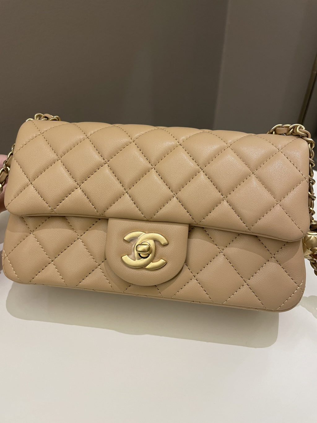 Chanel Pearl Crush Quilted Mini Rectangular Beige Lambskin