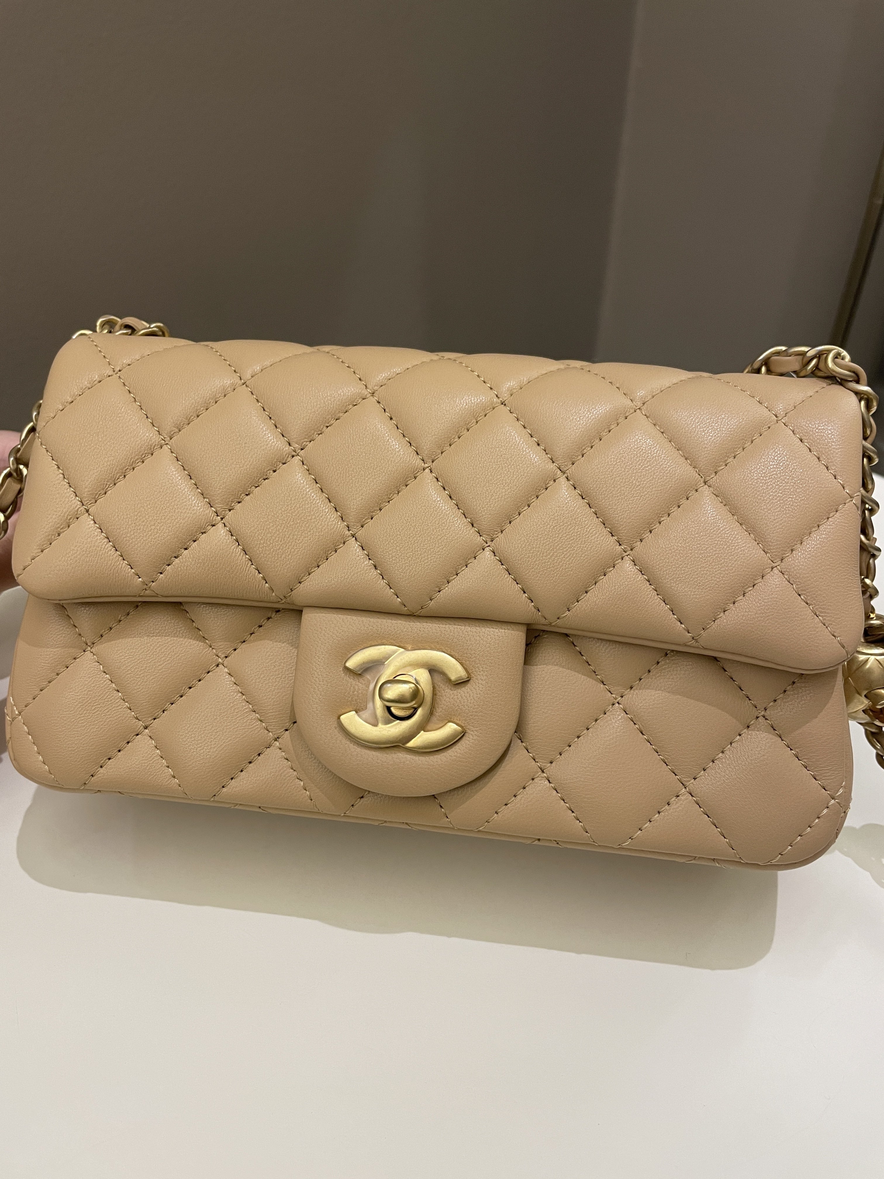 Chanel Pearl Crush Quilted Mini Rectangular Beige Lambskin