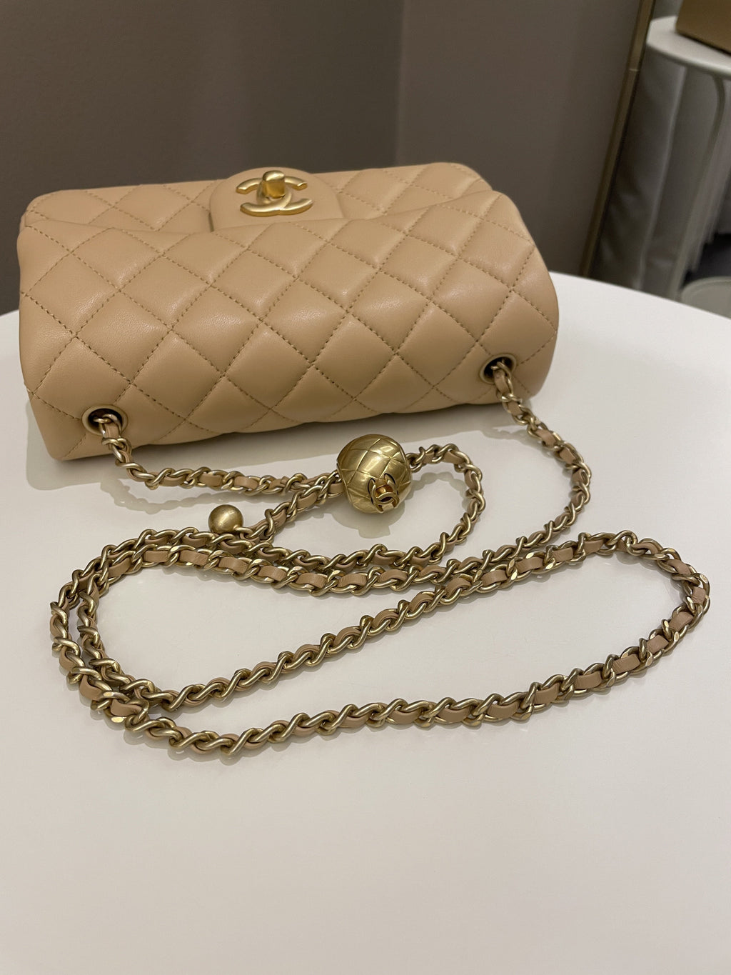 Chanel Pearl Crush Quilted Mini Rectangular Beige Lambskin