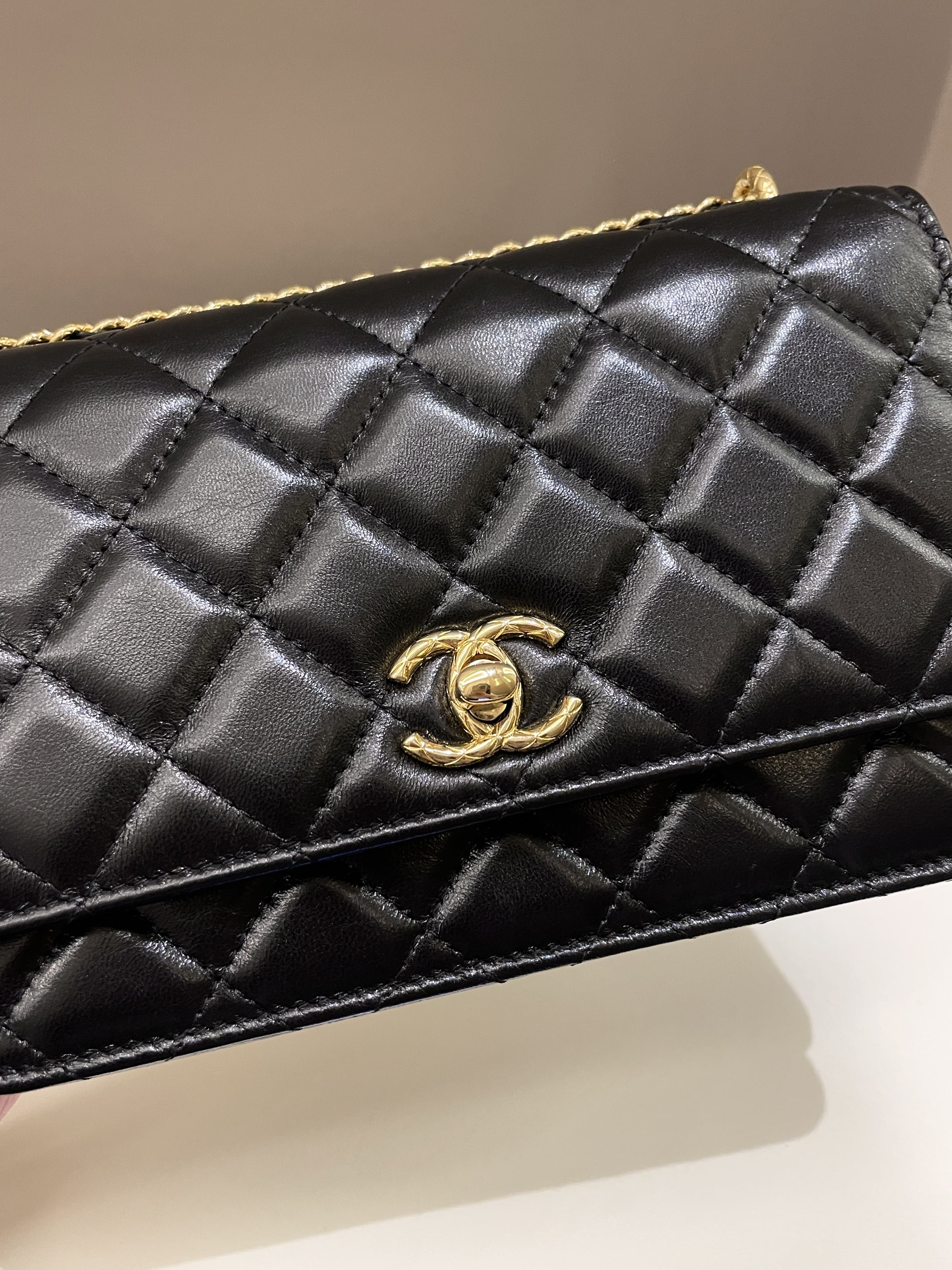 Chanel 23C Quilted Cc Wallet On Chain Black Glazed