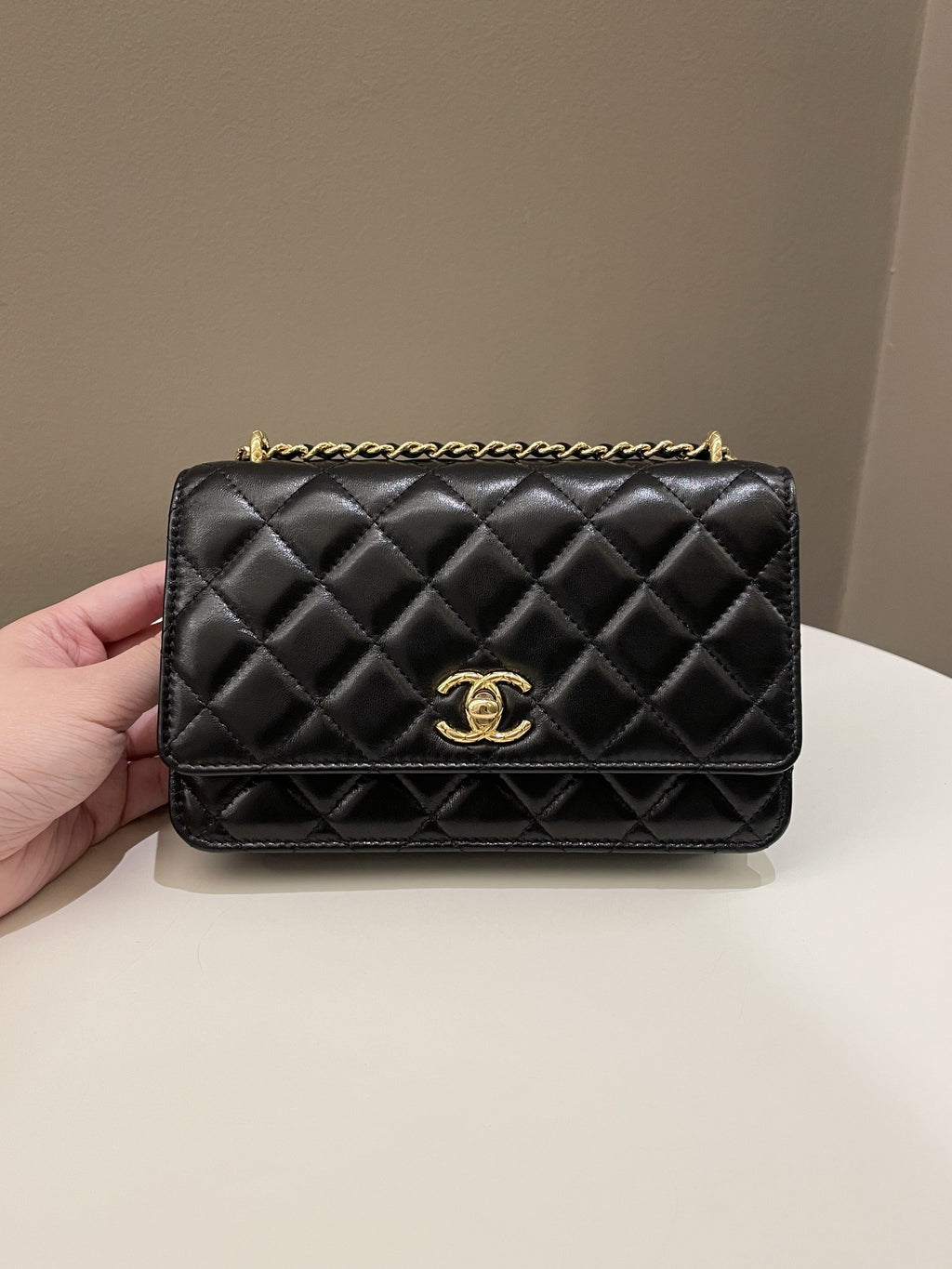 Chanel 23C Quilted Cc Wallet On Chain Black Glazed
