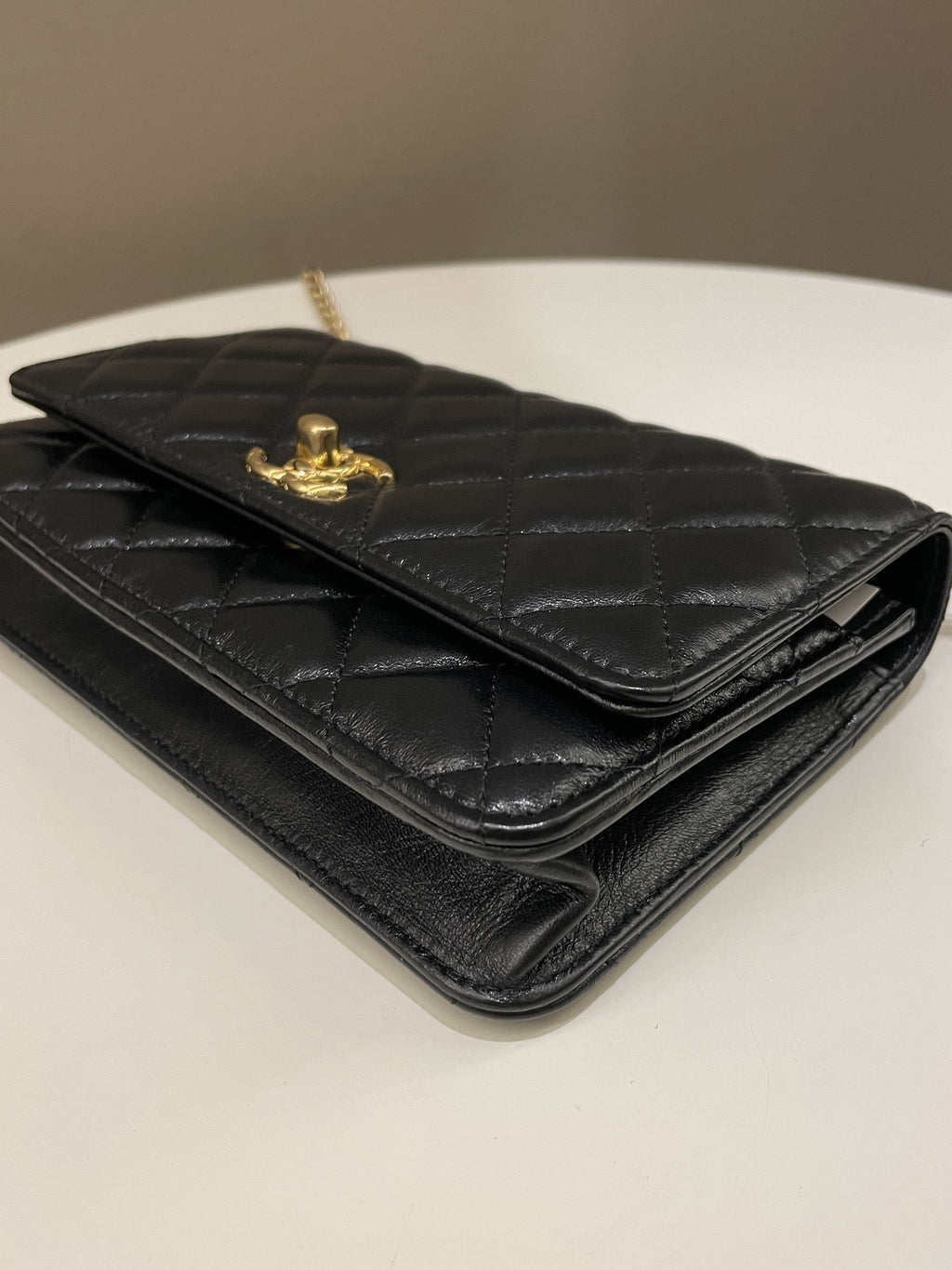 Chanel 23C Quilted Cc Wallet On Chain Black Glazed