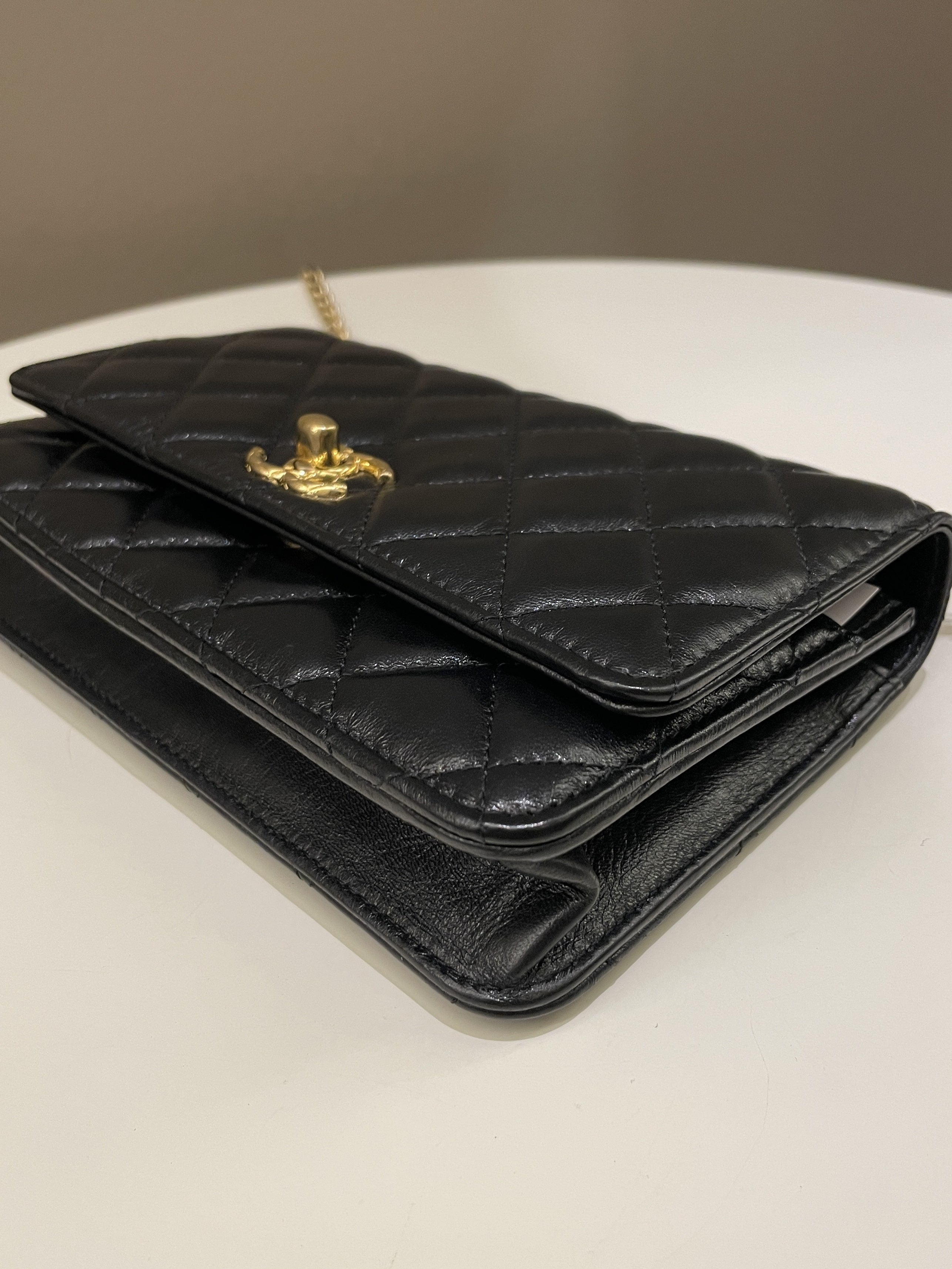 Chanel 23C Quilted Cc Wallet On Chain Black Glazed