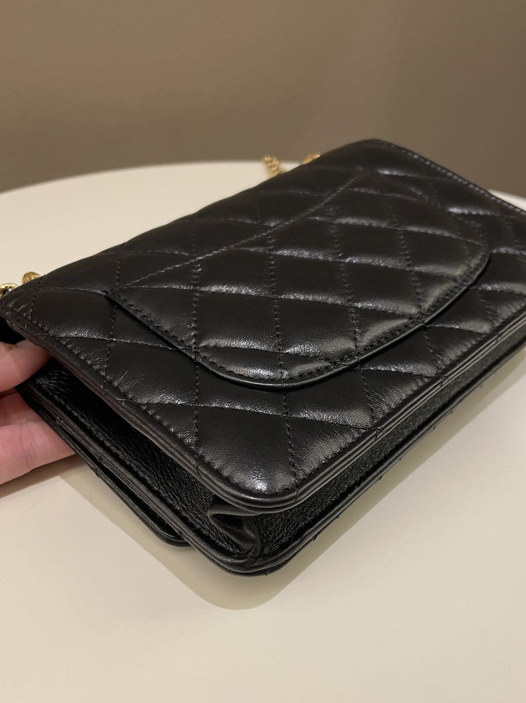 Chanel 23C Quilted Cc Wallet On Chain Black Glazed