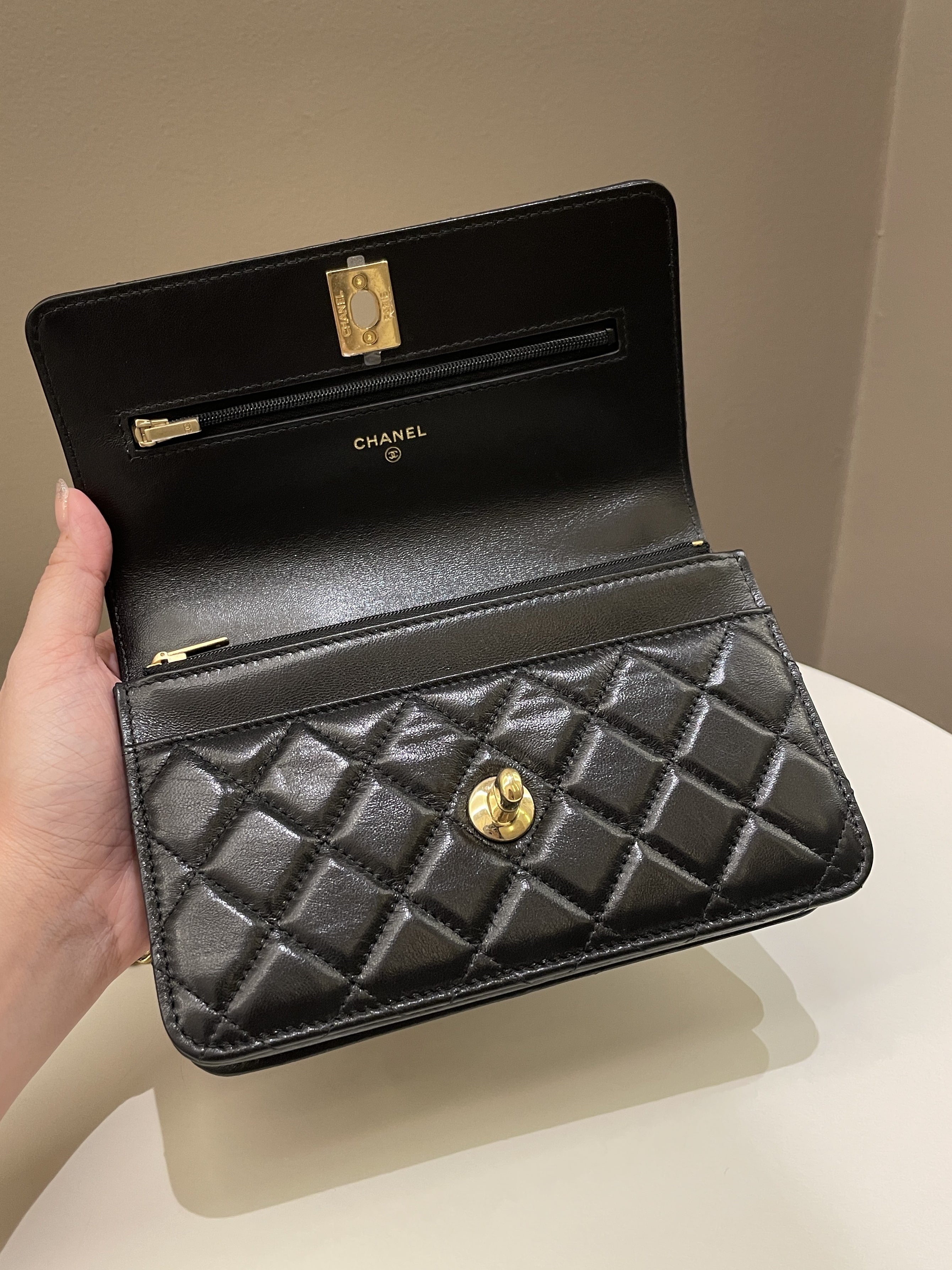 Chanel 23C Quilted Cc Wallet On Chain Black Glazed