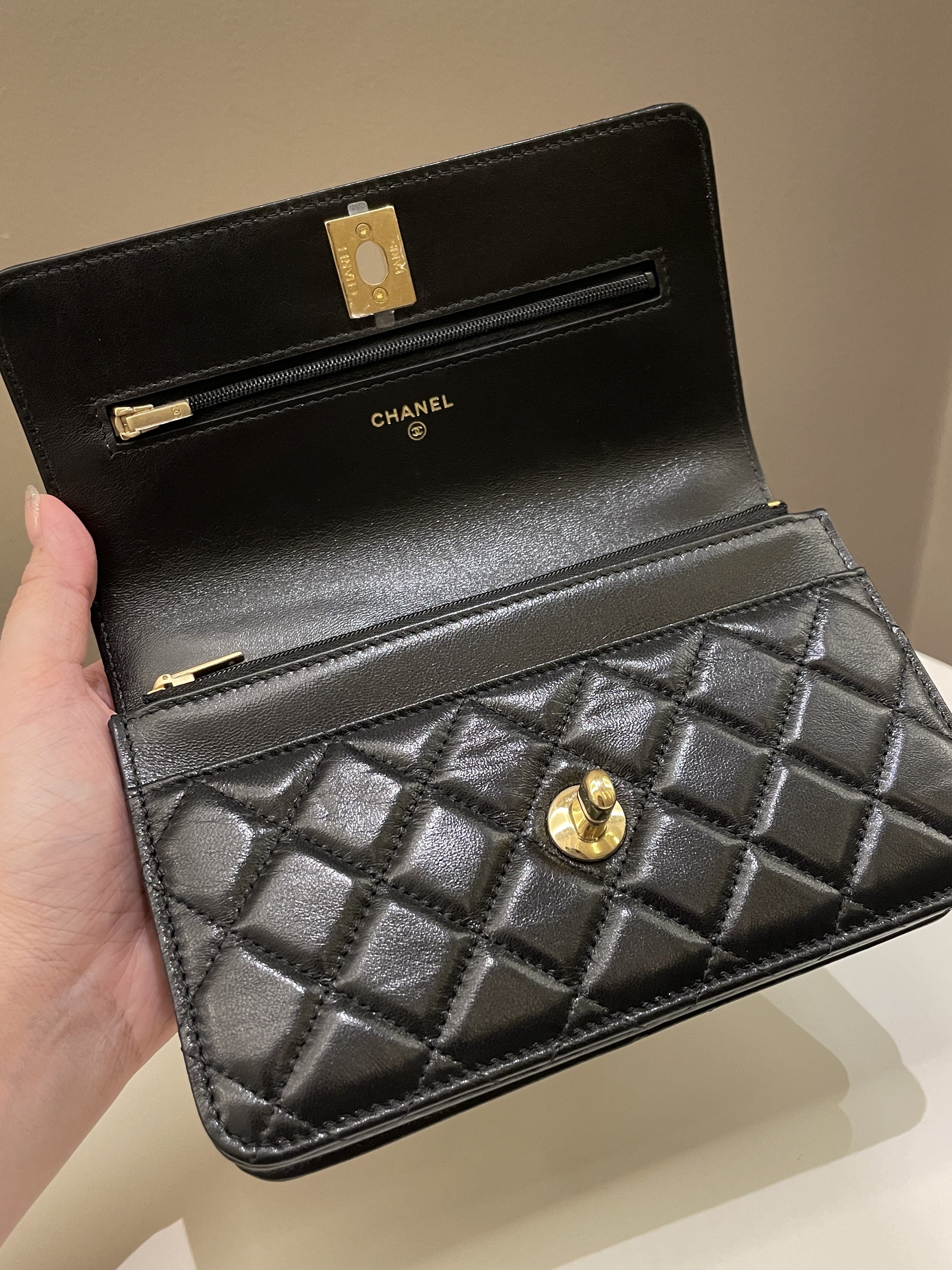 Chanel 23C Quilted Cc Wallet On Chain Black Glazed