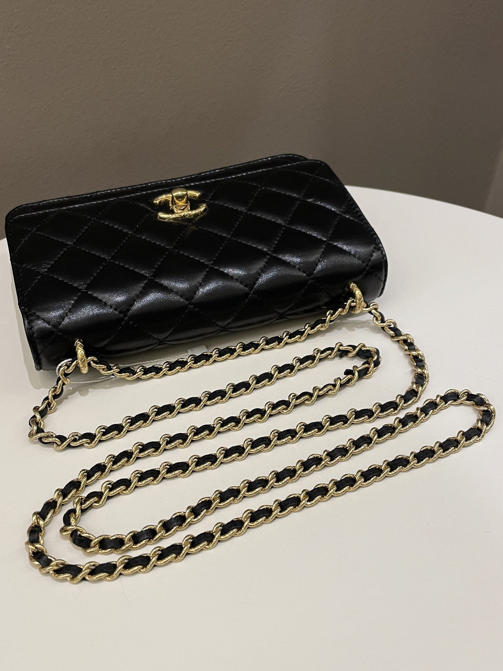 Chanel 23C Quilted Cc Wallet On Chain Black Glazed