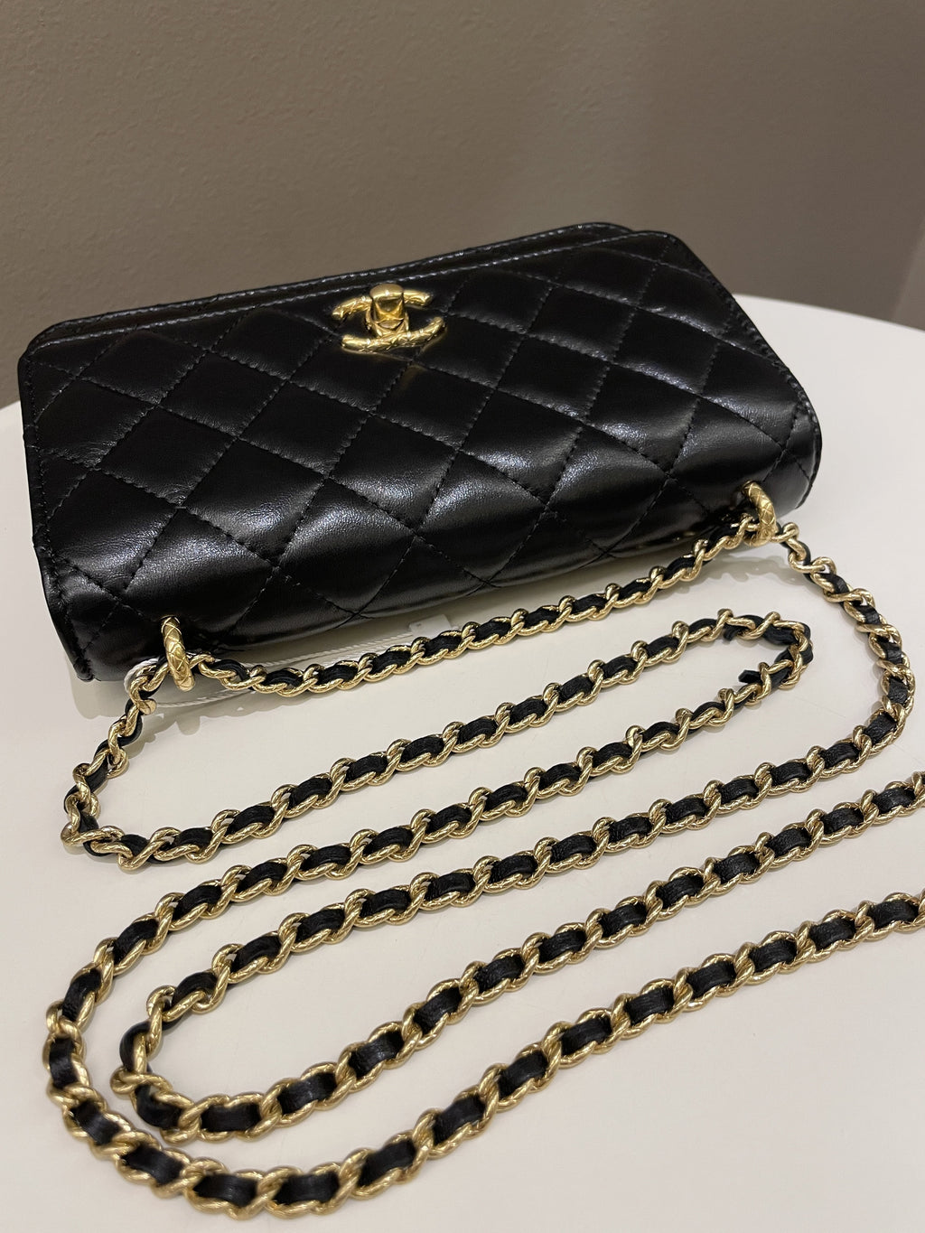 Chanel 23C Quilted Cc Wallet On Chain Black Glazed